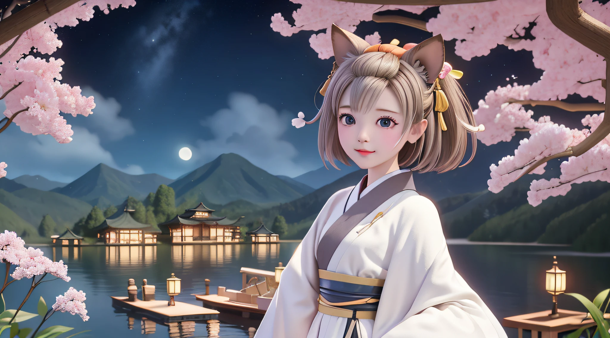 masterpiece, best quality, 8k, wonderful, lake, mountain, bamboo forest, wooden house, moon, night, star sky, Galaxy, blossom, wood boat, 1girl, brown hair, brown eyes, bangs pinned back, forehead, animal ears, animal tail, very long sleeves, petite, kimono, girl, hair beautiful, , yugioh, ash blossom & joyous spring, cry, tear, look the other way, background clear full HD, small eyes, platinum hair, hide hand