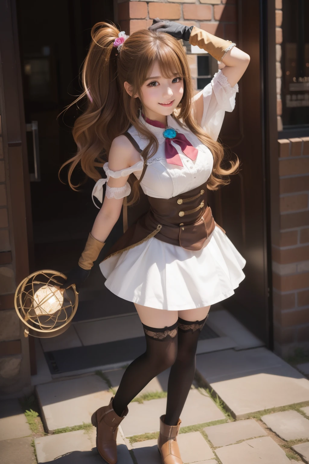 Stone user high school girl、full body Esbian、、、、、Idol face、wearing stone gloves、light brown hair、