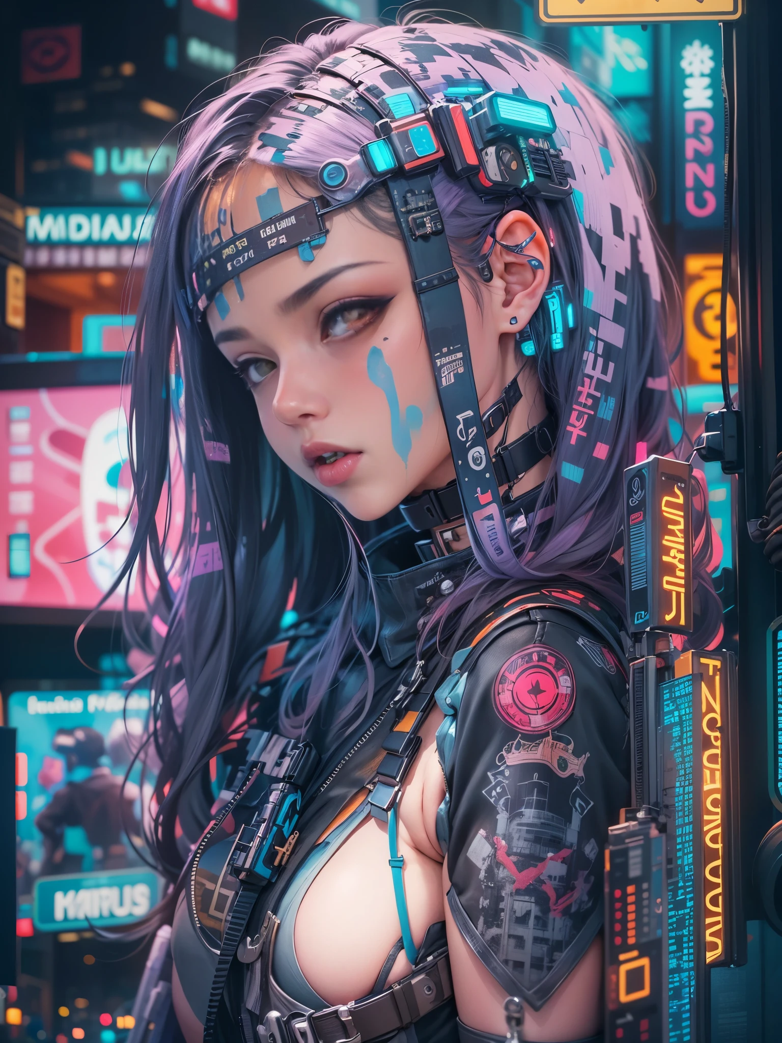 masterpiece, best quality, cyberpunk girl, Harajuku-inspired cyberpunk body harness, bold colors and patterns, eye-catching accessories, trendy and innovative hairstyle, dazzling Cyberpunk cityscape, skyscrapers, glowing neon signs, LED lights, anime illustration, detailed skin texture, beautiful detailed face, intricate details, ultra detailed, cinematic lighting, strong contrast,no bra, naked tits, nude, naked