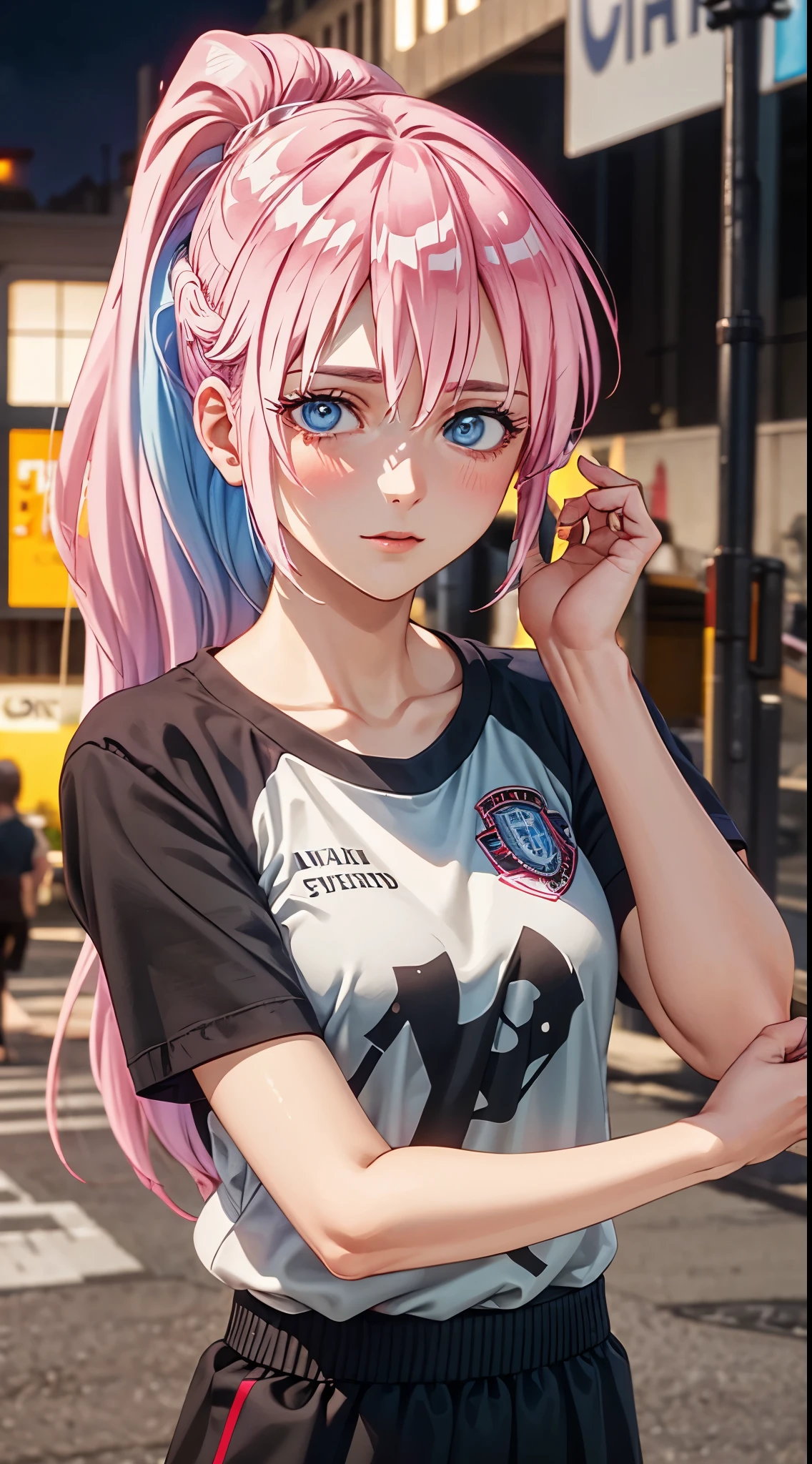 1girl, Shikimori, ribbon, gym uniform, t-shirt, short sleeves ,parody, upper body, pink hair, long hair, high ponytail looking at viewer, highly detailed background, (photo realistic:1.2), detailed eyes, red eyeshadow, depth of field, symmetry eyes, (ulzzang-6500:0.7), upper body, (solo:1.2), (cyberpunk city:1.1), ((young female)), perfect face, beautiful face, colorful, beautiful blue eyes, sexy blush expressions, arms up, raise bangs, hands on own head, hands in hair, forehead, collarbone, style parody, good hand,4k, high-res, masterpiece, best quality, head:1.3,((Hasselblad photography)), finely detailed skin, sharp focus, (cinematic lighting), night, soft lighting, dynamic angle, [:(detailed face:1.2):0.2],(((city background))),