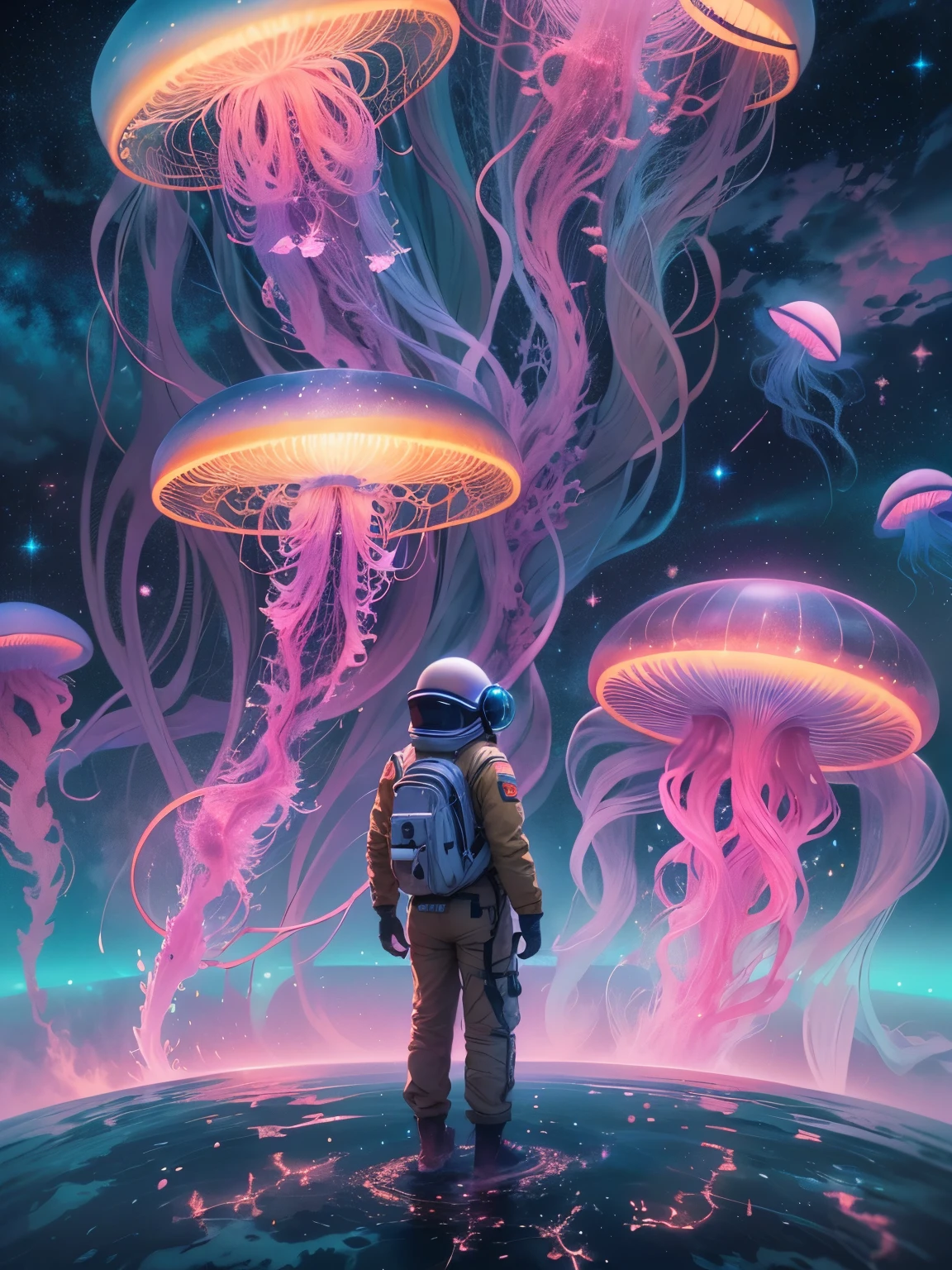 Astronaut observes glowing jellyfish floating in the Milky Way, Charming and magical, magnificent and colossal proportions, Emits vibrant ionized light. (Best quality, A high resolution:1.2), ultra - detailed, realistically:1.37, Ethernet media, sparkling celestial creature, otherworldly beauty, bioluminescent glasses, a cosmic jellyfish, vivd colour, interstellar luminosity