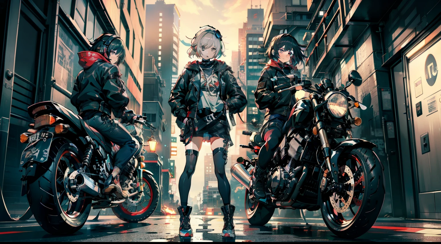 cyberpunked、girl with、mechanic、comical、Anime style、Gray and dark hair、motor bikes、Rider Jacket、punk coloring、sity、ナイトsity、group