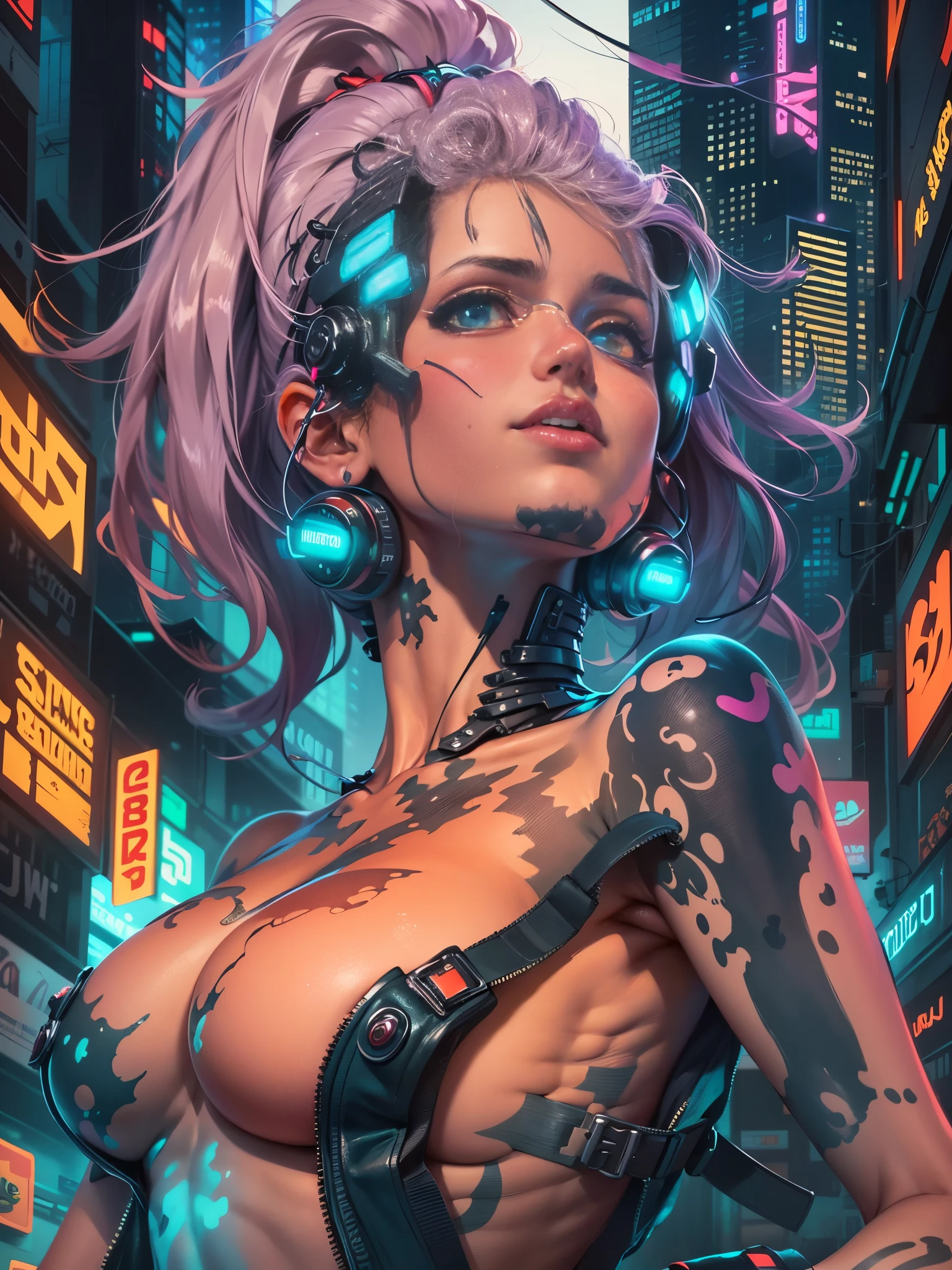 Naked, nudemasterpiece, best quality, cyberpunk girl, bold colors and patterns, trendy and innovative hairstyle,naked, nude, dazzling Cyberpunk cityscape, skyscrapers, glowing neon signs, LED lights, anime illustration, detailed skin texture, beautiful detailed face, intricate details, ultra detailed, cinematic lighting, strong contrast,no bra, naked tits, nude, naked