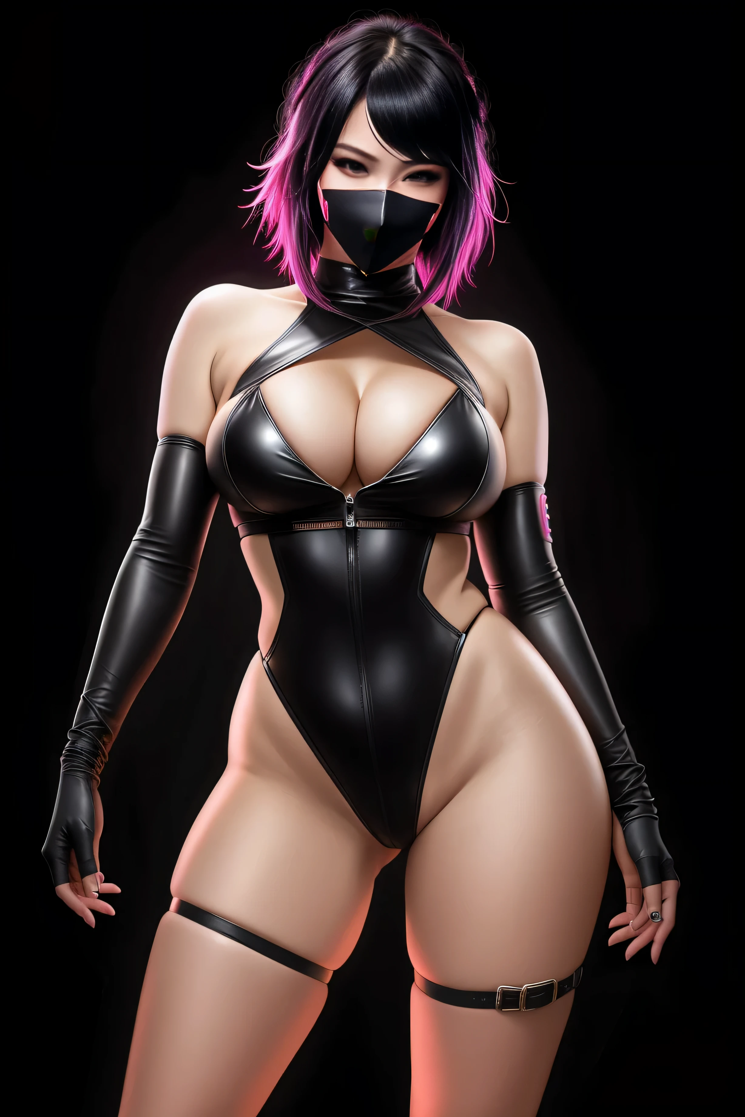 there is a Japanese Masked Ninja woman standing, 3 d neon art of a woman's body, neon-noir background, cyberpunk femme fatale, seductive cyberpunk dark fantasy, cyberpunk strip clubs, cyberpunk 20 y. o model girl, oppai cyberpunk, banner, high definition cgsociety, cgsociety masterpiece, trending on cgstation, kda, random hair, looking at camera, gigantic breasts, cleavage, (high detailed skin:1.2), 8k uhd, dslr, super lighting, high quality, film grain, high res, highly detailed, hyper realistic, beautiful face, beautiful body, beautiful eyes nose lips, alluring expression, very bold, upper boobs visible, full body photo, standing legs apart, pale translucent glowing skin, most beautiful face, cute, (well defined pubic hair:1.2)), (dark plain black background:1.4))