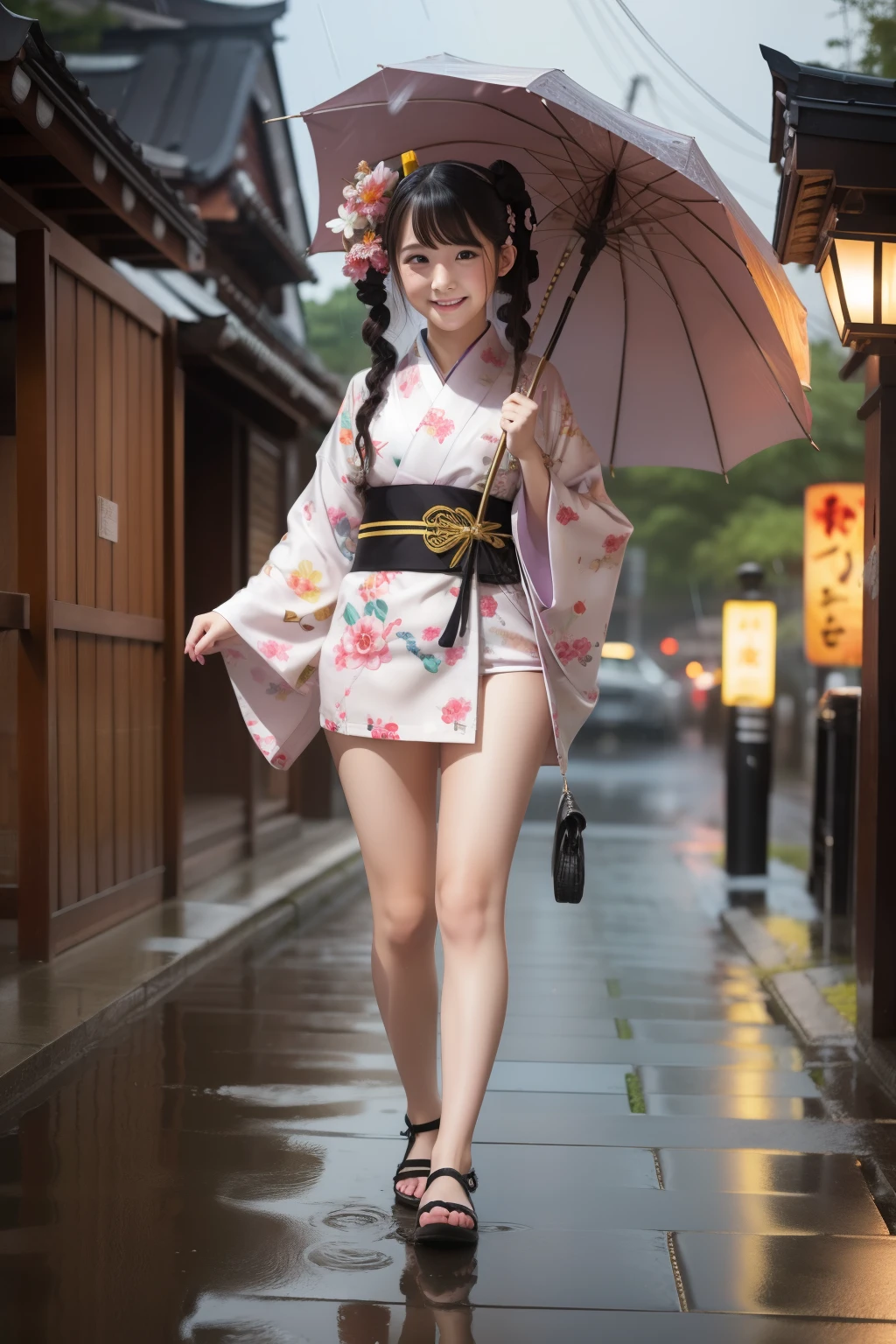 Snail-covered female idol(Cute kimono)、Reluctant、full body Esbian、rain is falling、