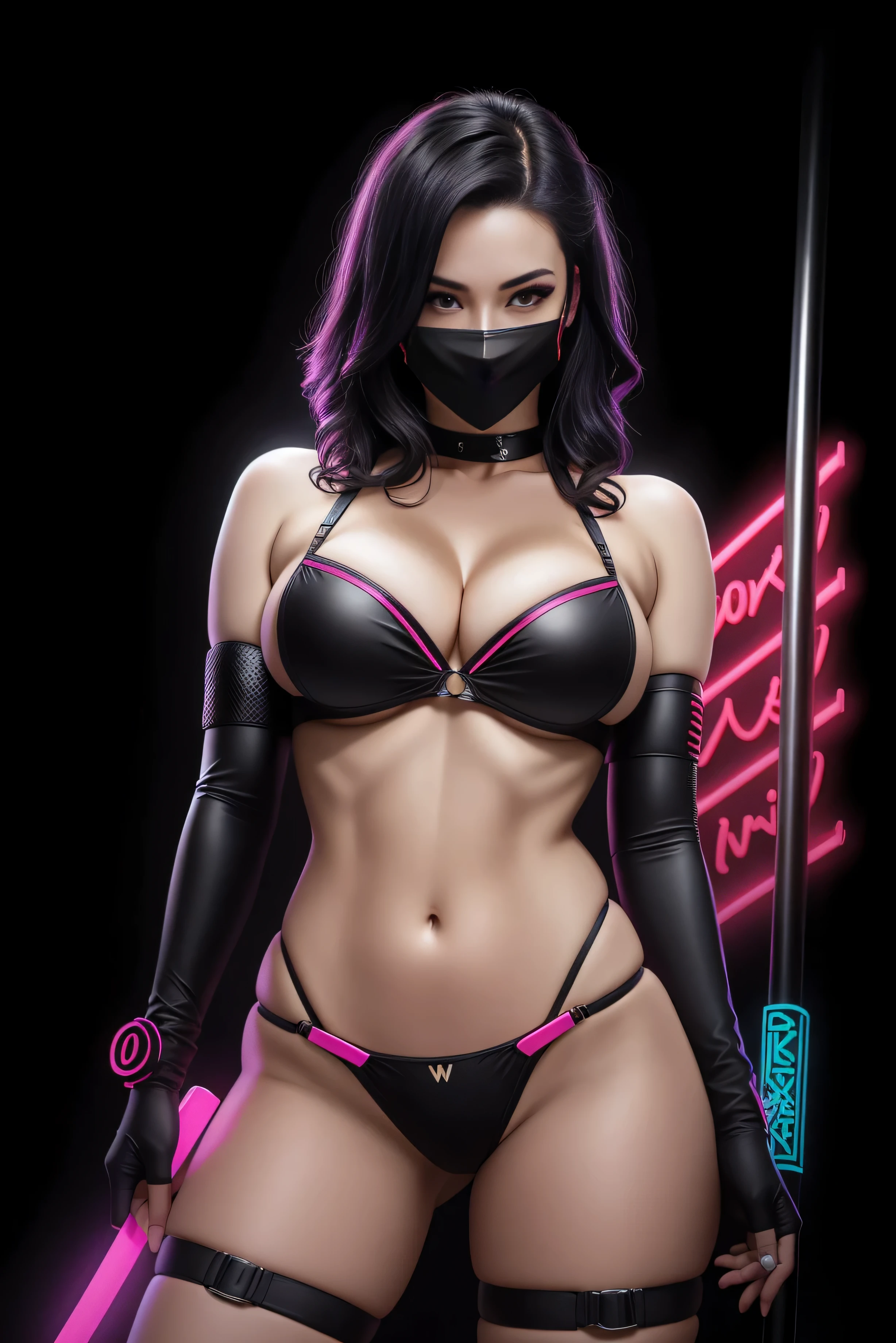 there is a Japanese Masked Ninja woman standing, 3 d neon art of a woman's body, neon-noir background, cyberpunk femme fatale, seductive cyberpunk dark fantasy, cyberpunk strip clubs, cyberpunk 20 y. o model girl, oppai cyberpunk, banner, high definition cgsociety, cgsociety masterpiece, trending on cgstation, kda, random hair, looking at camera, gigantic breasts, cleavage, (high detailed skin:1.2), 8k uhd, dslr, super lighting, high quality, film grain, high res, highly detailed, hyper realistic, beautiful face, beautiful body, beautiful eyes nose lips, alluring expression, very bold, upper boobs visible, full body photo, standing legs apart, pale translucent glowing skin, most beautiful face, cute, (well defined pubic hair:1.2)), (dark plain black background:1.4))