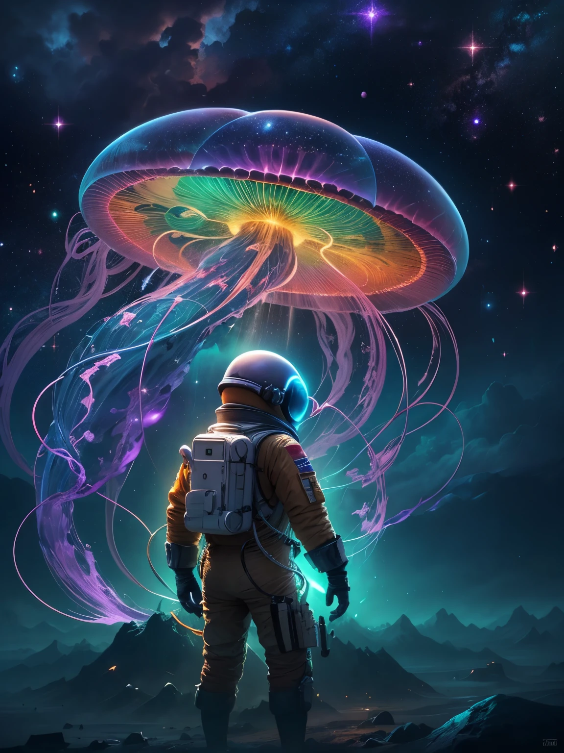 paisagem de fantasia，Astronaut observes glowing jellyfish floating in the Milky Way, Charming and magical, magnificent and colossal proportions, Emits vibrant ionized light. (Best quality at best, A high resolution:1.2), ultra - detailed, realistically:1.37, Ethernet media, sparkling celestial creature, otherworldly beauty, bioluminescent glasses, a cosmic jellyfish, vibrant with colors, interstellar luminosity