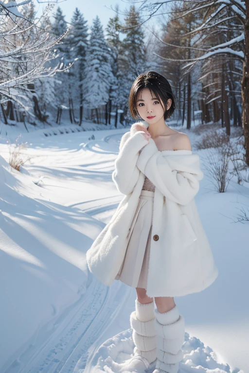 (((masterpiece))), (One beautiful Japan girl, classmates, landscape and innocence,kawaii) ,超A high resolution, Realistic, ultra-detailliert, 8K,top-quality, Extremely detailed, Detailed background,A slender,very beautiful japanese girl, Detailed face:1.3), (Boyish short-haired,A dark-haired :1.4), (a ,kawaii系,adorable 14 year oPerfect body:1.1),, beautiful off shoulder clavicle,Super Detailed Face、Detailed lips、A detailed eye、small gravure idol,Photorealistic:1.37,Winters, Snow, Snowy landscape, beautiful girl in a down coat, Detailed eyes, Detailed lips, long eyelashes, Mini Pleated Skirt, snowscape, Soft lighting, cosy atmosphere, Medium: Oil Painting, New snow, Wintersのワンダーランド, Cool color tones, Delicate brush strokes, Snowy trees, Frosty breath, serene expressions, playful pose, natural beauty, snow field, Wintersのファッション, Stylish outfit, Snow boots, rosy cheeks, Wintersの楽しみ, peaceful ambiance, ethereal beauty, 魔法のようなWintersの景色, Wintersのファッショニスタ, Whimsical charm