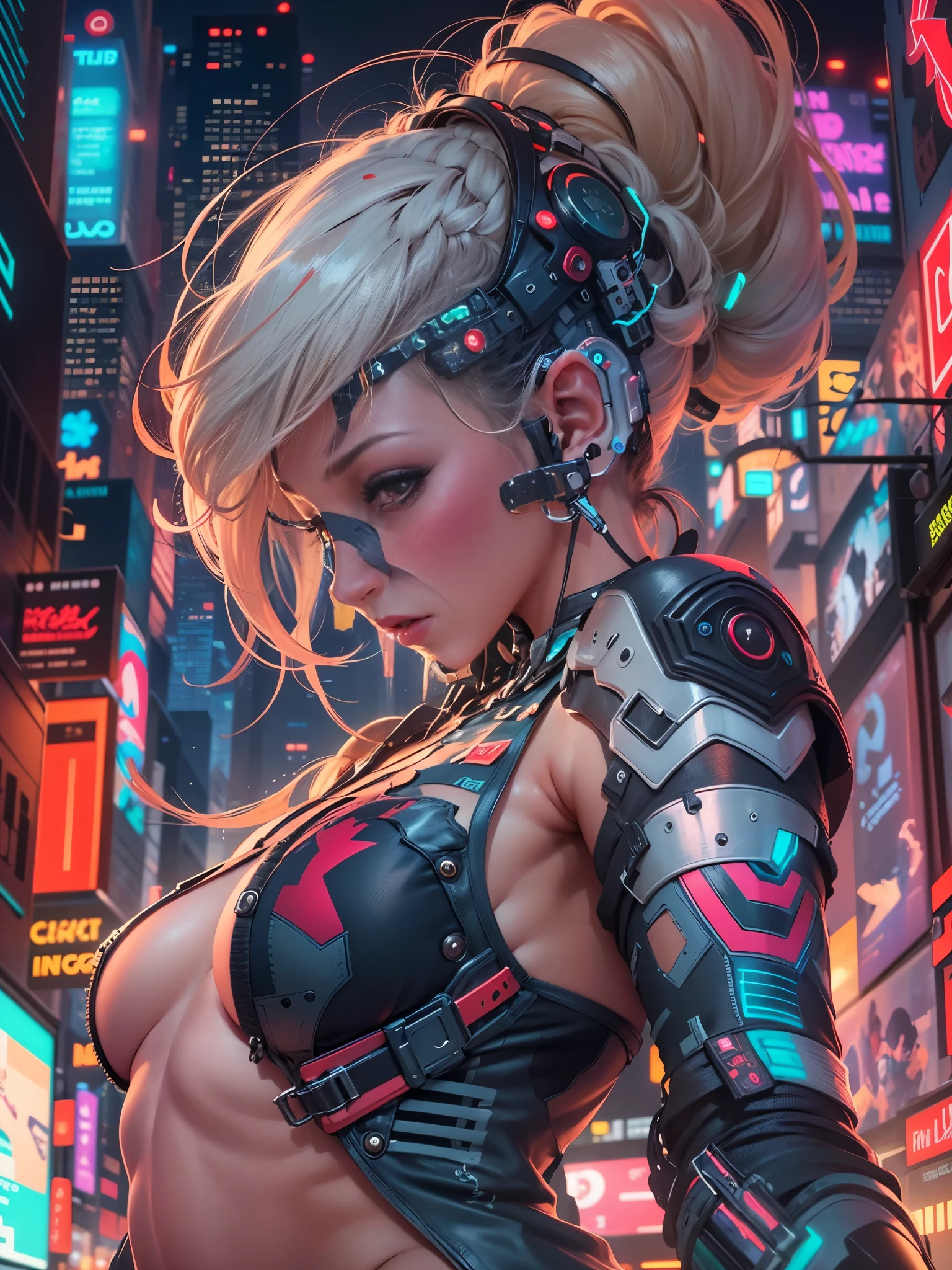 Naked, nudemasterpiece, best quality, cyberpunk girl,  bold colors and patterns, trendy and innovative hairstyle,naked, nude, dazzling Cyberpunk cityscape, skyscrapers, glowing neon signs, LED lights, anime illustration, detailed skin texture, beautiful detailed face, intricate details, ultra detailed, cinematic lighting, strong contrast,no bra, naked tits, nude, naked