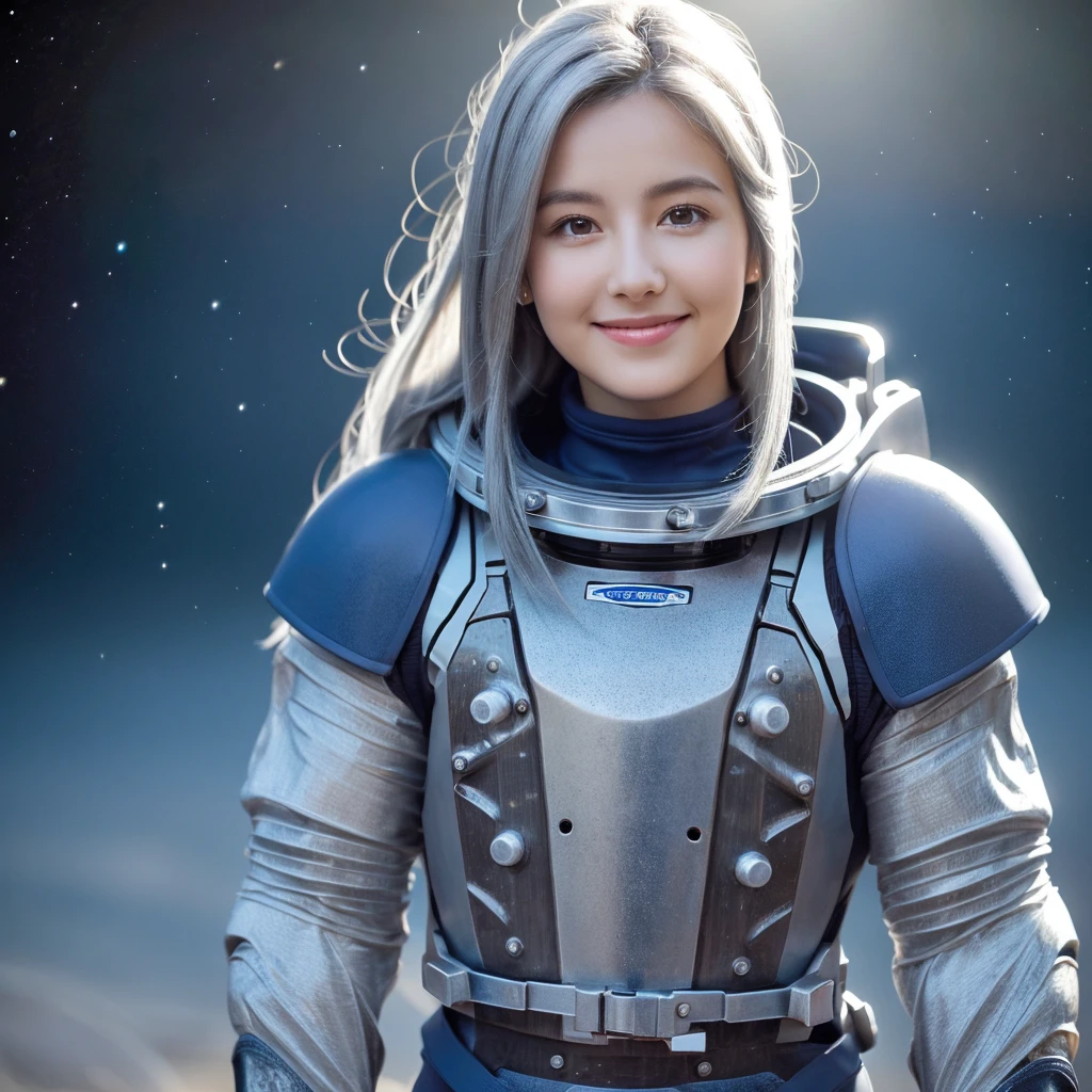 Best Quality, Ultra High Resolution, (Realism: 1.4), Depth of Field, Beautiful Face, (PureErosFace_V1: 0.8), Halfbody, | | 1girl, medium chest, (gray hair: 1.3), innocent smile, natural makeup, | | | Model pose, | | (Spacesuit: 1.3), (Blue Armor: 1.3), Exquisite Design, | | Space Background, Stars_(Sky), Moonlight, Night, | |