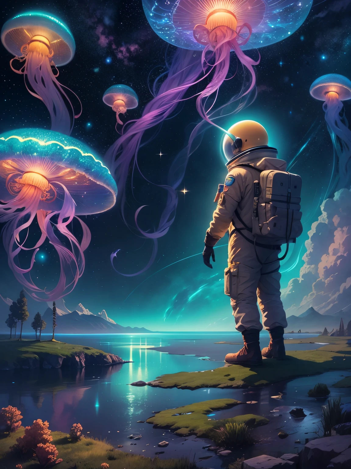 Fantasy landscape，Astronaut observes glowing jellyfish floating in the Milky Way, Charming and magical, magnificent and colossal proportions, Emits vibrant ionized light. (Best quality, A high resolution:1.2), ultra - detailed, realistically:1.37, Ethernet media, sparkling celestial creature, otherworldly beauty, bioluminescent glasses, a cosmic jellyfish, Vibrant colors, interstellar luminosity