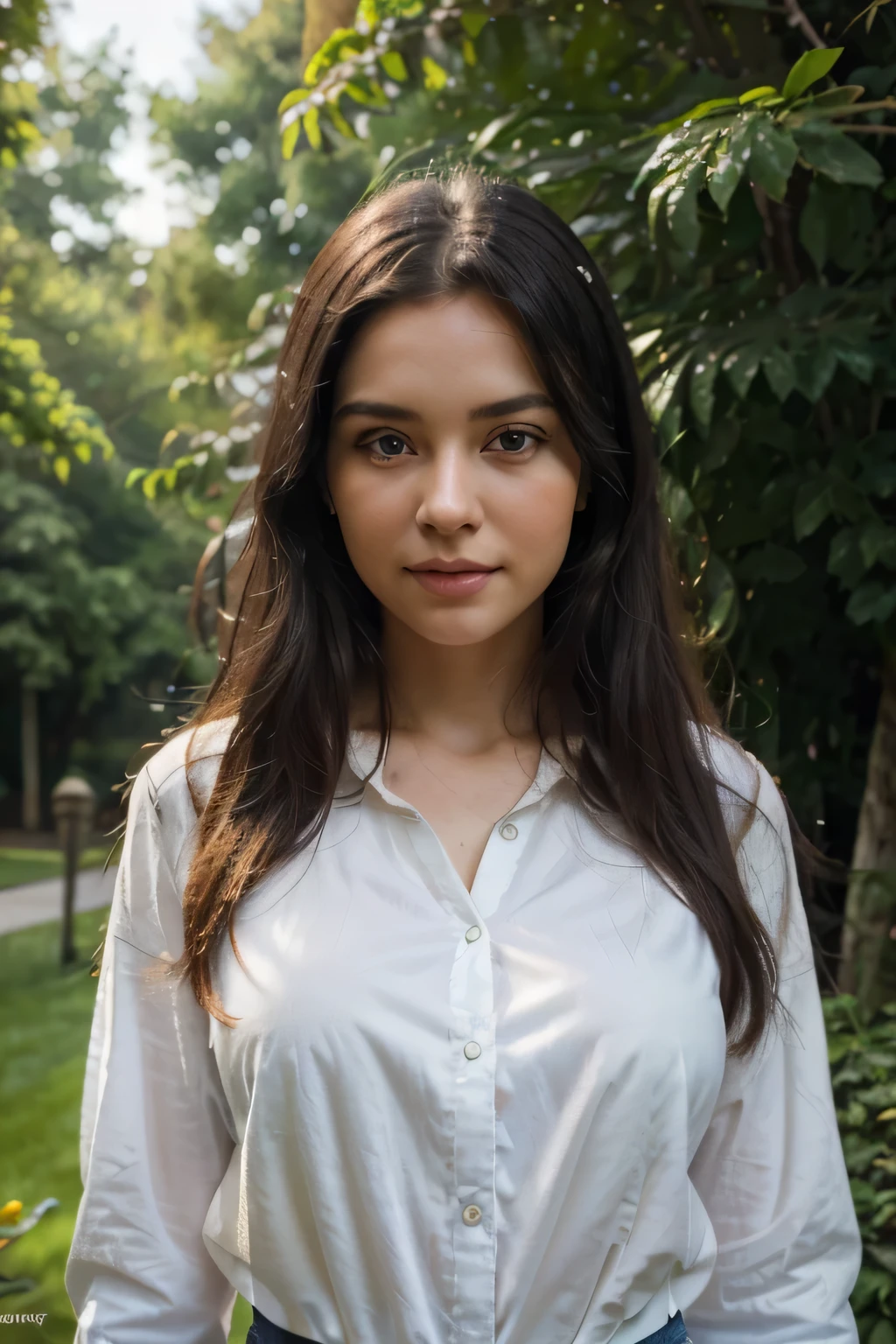 (best quality,4k,8k,highres,masterpiece:1.2),ultra-detailed,(realistic,photorealistic,photo-realistic:1.37),cute girl with long black hair and blue eyes,beautiful detailed eyes,beautiful detailed lips,extremely detailed face,long eyelashes,white skin,natural-looking forward,happy expression,soft smile,positive vibe,medium:oil painting,portrait,white blouse and blue jeans,standing posture,looking forward,soft sunlight,green garden background