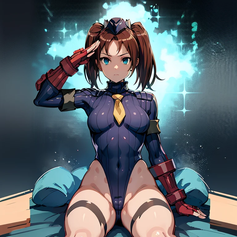 ultra-detailed, Explicit, Beautiful body, Beautiful Nose, Beautiful character design, perfect eyes, perfect face, ultra highres, 4K, beautiful legs, perfect legs, Nice hands, Perfect hand, Masterpiece, Best Quality, Highly detailed, illustration, absurdres, street fighter, doll suit, shadaloo doll, dollsuit, girls, multiple girls, expressionless, blank eyes, looking at viewer, red gloves, emotionless, black latex, corrution, mind control, female combatant, full body, hypnotized, unhappy trance, full body suit, ribbed bodysuit, both arms at side, stand up straight, obey, perfect female body, extremely glossy latex, hypnosis, hypnoLora, empty eyes, Mind control device, poses, submissive_pose, Slave, hat, necktie, sitting up straight, sitting, sitting at attention, hat, necktie, belt, latex, ribbed bodysuit, brown hair, thighhighs, garter belt, Fighting Stance, extending the right arm from the shoulder into the air with a straightened hand, nazi saluting, military, military saluting, salute, visors, helmet, Yumi/Sayaka , Ape Escape 3, twin tails, brown hair, blue eyes, glowing eyes