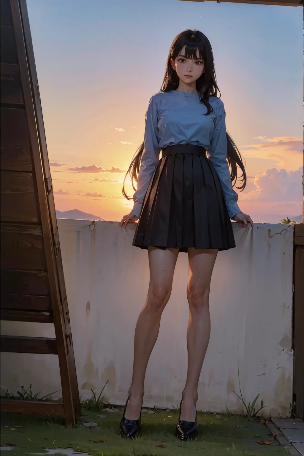 (FULL BODYSHOT、an oil painting、masterpiece、top-quality、hight resolution、Dark hair、Super long hair、Bangs are aligned、Bad mood、Blue shirt、Black skirt、Sweaty skin、Sunset sky、Thick、Girl's hands