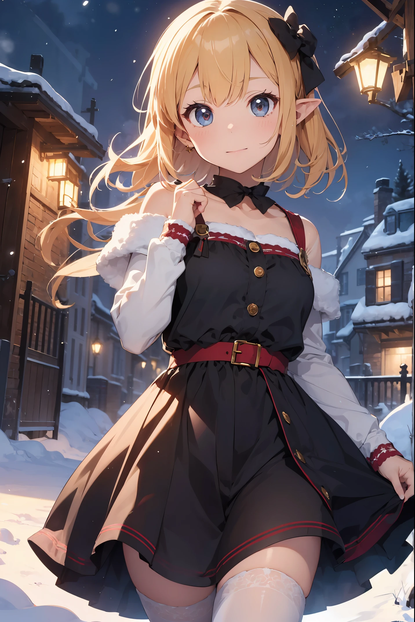 masterpiece、hightquality、high-level image quality、Detailed down to the smallest detail、
Little pretty girl、
A character with blonde hair styled in a bob cut and elf-like ears stands in the center of a magical scene. She is wearing a festive Christmas-themed costume, primarily in black, with a design that hints at Victorian elegance. The dress is tailored with holiday elements such as red ribbon accents, holly berry decorations, and white faux fur lining reminiscent of Santa's outfit. Around her, the atmosphere is enchanting, as if she is part of a winter solstice ritual. The sandy beach is now dusted with a fine layer of snow, and instead of coins, there are small, wrapped gifts scattered about. Magical swirls of light dance around her, now resembling snowflakes and stars. Under her feet, the circle with arcane symbols is drawn in the snow, glowing with a soft, festive light.