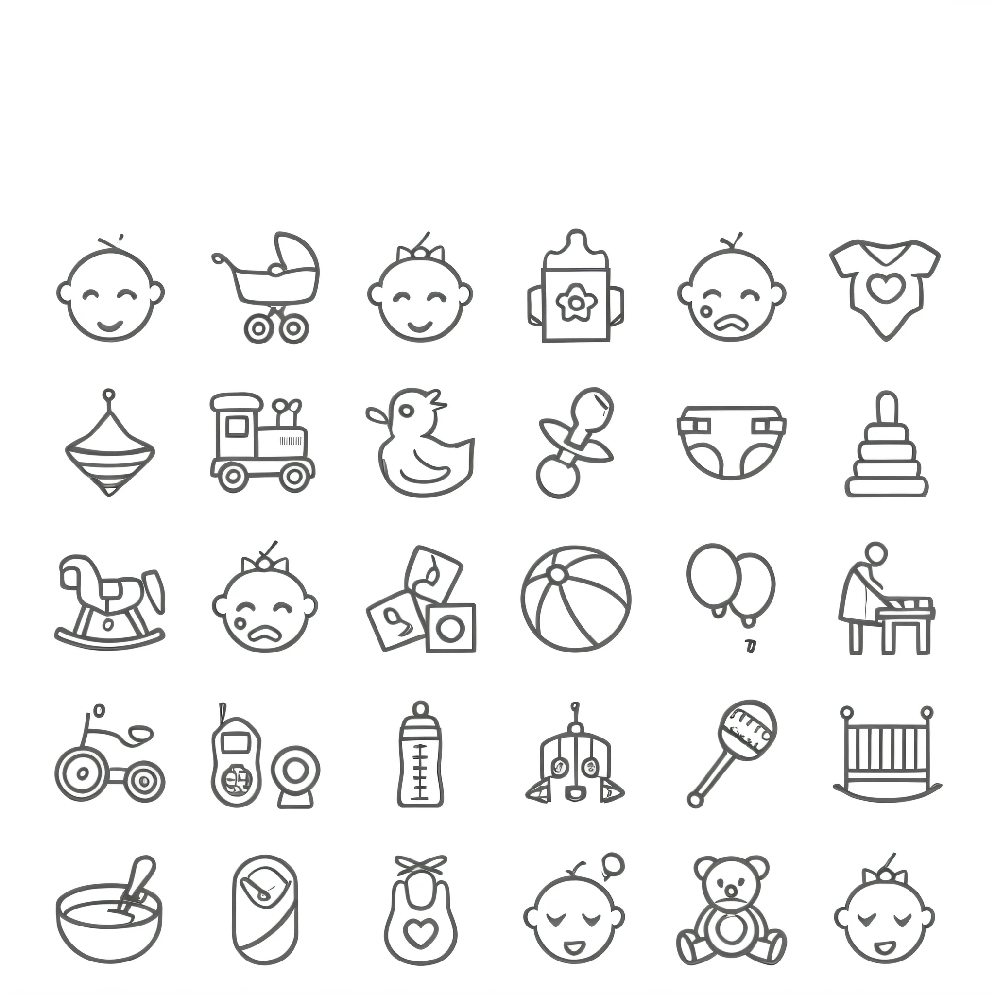 a set of  related icons including toys, toys and other items, icons, clean black outlines, symbols, 1024x1024, 3 2 x 3 2, 1 6 x 1 6, black outlines, pictogram, clipart icon, symbol, icon pattern, status icons, icon style, icon black and white, simplistic iconography