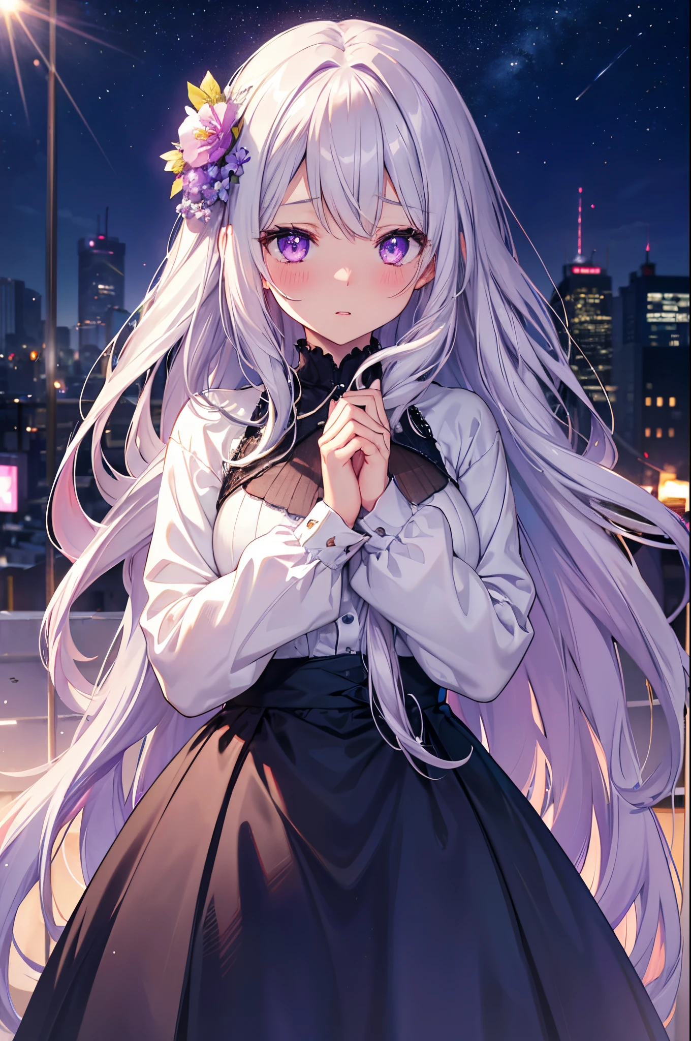 realistic, 1girl, Silver hair, purple eyes, glowing eyes, top, skirt, parted lips, blush, night, flowers, sun, sunlight, cute, kawaii, digital art, finely detailed eyes, embarrassed expression, long_hair, blushing, (highly detailed 8k wallpaper), best resolution, very_long_hair, masterpiece, semi-realistic