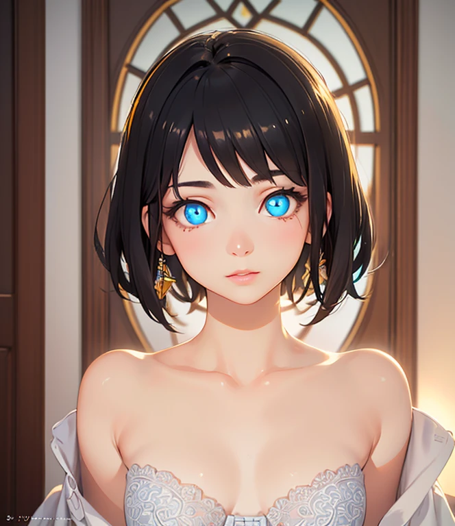 baby face, small breasts, short black hair,pixie cut, (photorealistic:1.4), (masterpiece, sidelights, exquisite beautiful eyes: 1.5), masterpiece*portrait, realistic, 3D face,kawaii face, (glowing eyes:1.5),(tareme:1.5) shiny hair, shiny oil skin: 1.5, solo,(shoulder strapless スモール underwear)