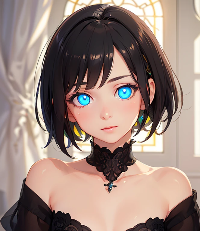 ((top-quality))、((a masterpiece of))、((ultra-definition))、(illustratio)、(Fine light)、(Extremely delicate and beautiful)、(((独奏)))、1 girl in、(((beautiful a girl)))、mideum breasts,blue eyess,(Black cat ears), (Ahoge), shorth hair, (Maeby Hair),