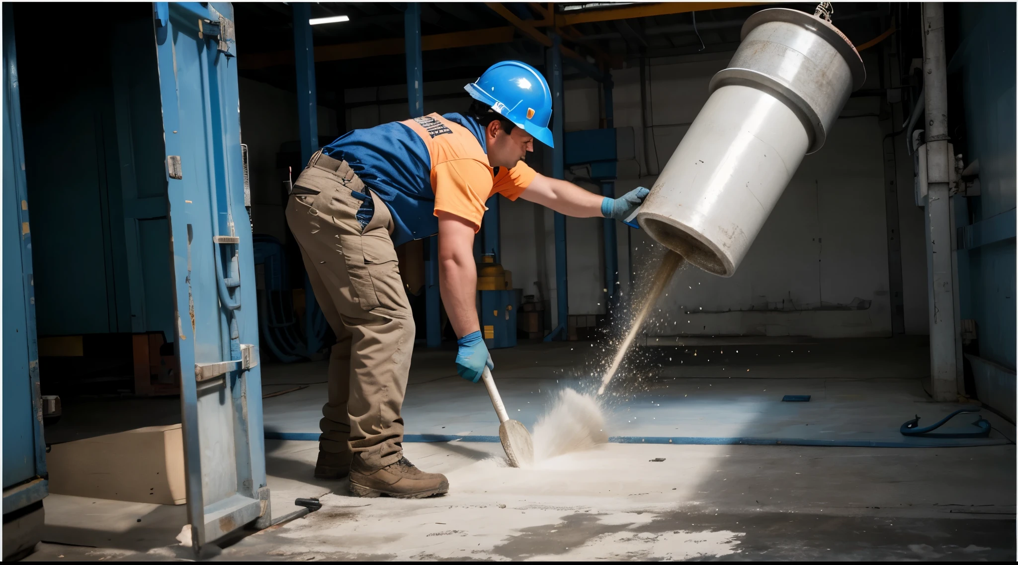construction worker pouring cement into a big container with a blue helmet, front view, maintenance photo, photo taken in 2018, commercial photo, illustration, photo taken in 2 0 2 0, working hard, commercial photography, grind, shot with canon eoa 6 d mark ii, advertising photo, people at work, professional work, professional, realistic image, 16k resolution, inside factory, futuristic factory,