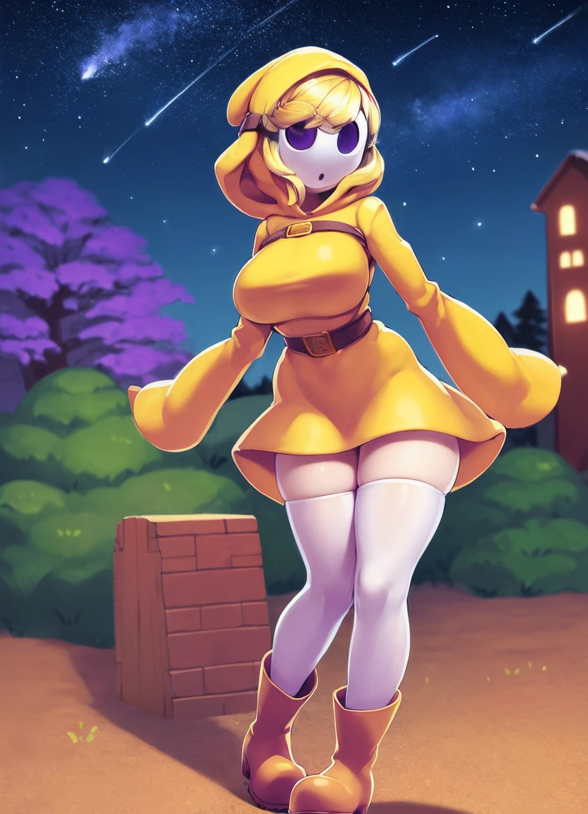 ((best quality)), ((highly detailed)), masterpiece, absurdres, (detailed eyes, deep eyes), (1girl), dynamic pose, full body, shygal, (mask), ((hollow eyes)), yellow hair, large breasts, (purple hoodie), dress, belt, (sleeves past wrists), white thighhighs, boots, blue footwear, (in a park, trees, path, light post, park bench, city in the background, evening, night sky, stars, full moon, shooting star)