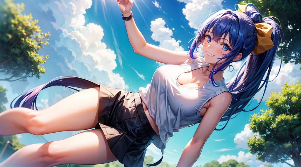 1girl, full body, solo, village, trees, sun, clouds, ((colorful hair)), ponytail, large breasts, ((white sleeveless T-shirt)), cleavage, blue eyes, black skirt, grin, looking at the viewer, ((standng)), hair ribbon, ice cream, wrist watch