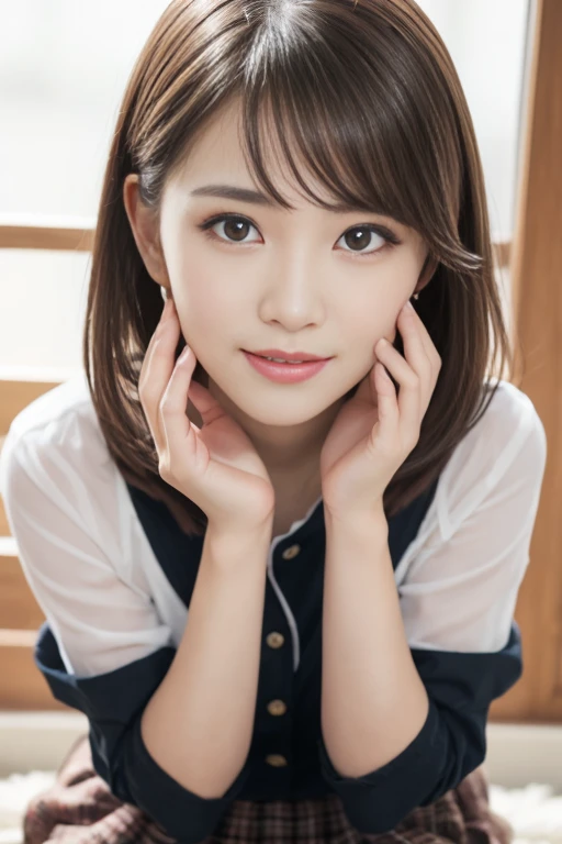 (Happy expression on face), Raw photography, (glistning skin), 1人, ((28-year-old woman)), bright expression, ((brown haired)), Raise hair, ample breasts, Plaid pleated skirt, ((ultra-detailliert)), (Perfectly detailed face), (Detailed hand), (Detailed finger), (Good human anatomy), Photorealistic images, masterpiece, 最hightquality, ultra-detailliert, hight resolution, ighly detailed, 细致背景, 8KUHD, Digital SLR, Soft light, hightquality, Shallow depth of field, natural soft light, Kamimei、Tehepero