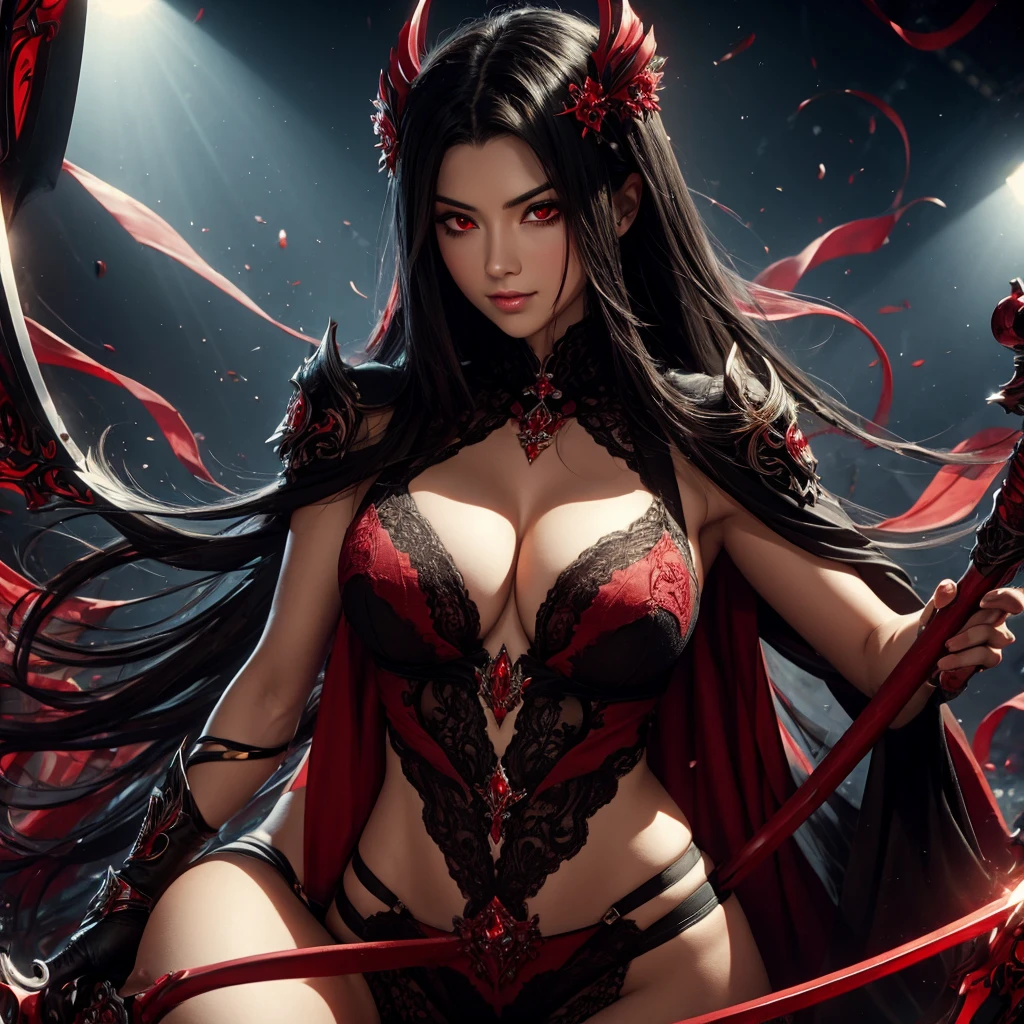 Evil empress with black hair and bright red eyes, Wears sexy lingerie. Carries a scythe in his hand