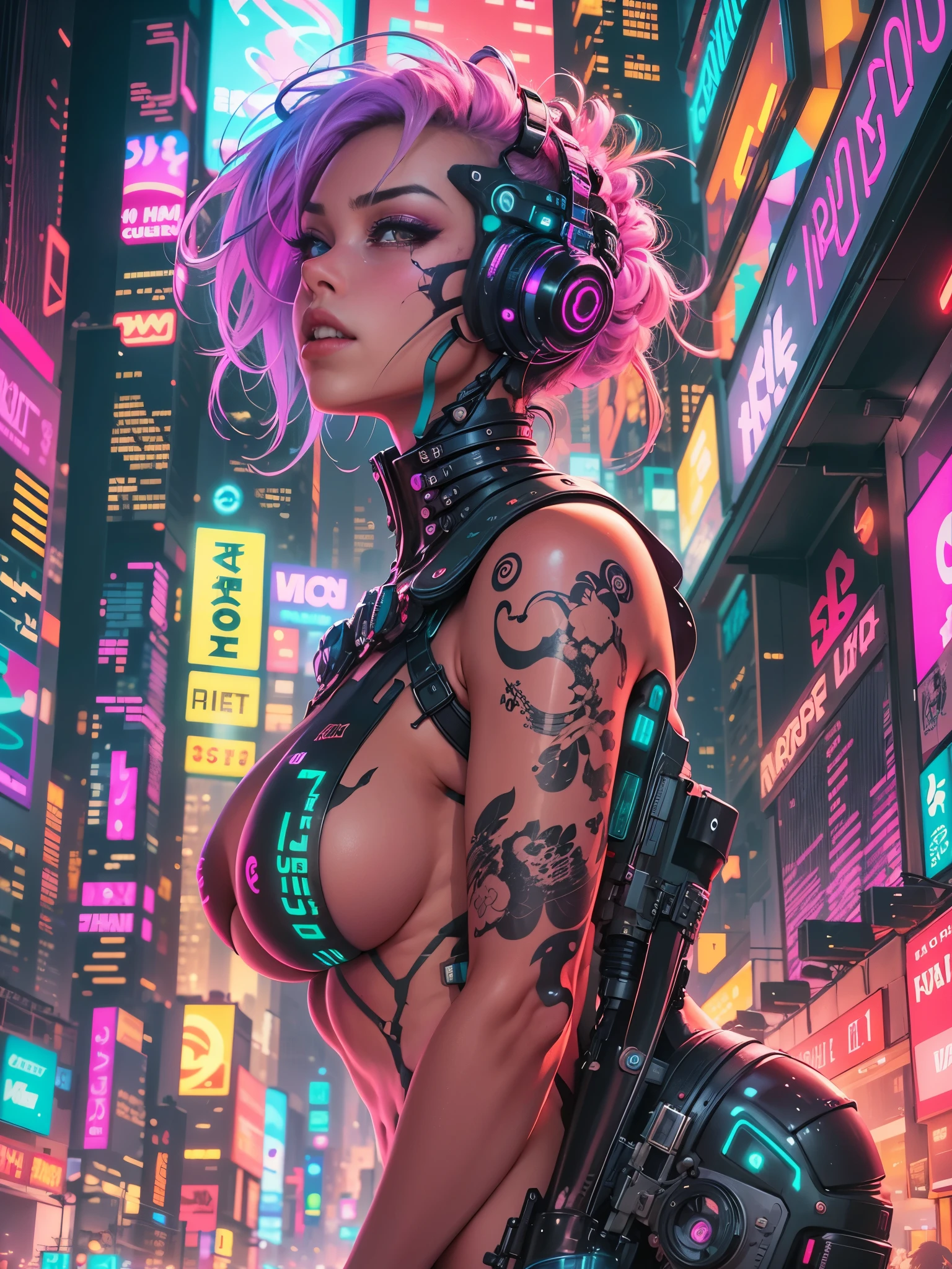 Naked, nudemasterpiece, best quality, cyberpunk girl, bold colors and patterns, trendy and innovative hairstyle,naked, nude, dazzling Cyberpunk cityscape, skyscrapers, glowing neon signs, LED lights, anime illustration, detailed skin texture, beautiful detailed face, intricate details, ultra detailed, cinematic lighting, strong contrast,no bra, naked tits, nude, naked