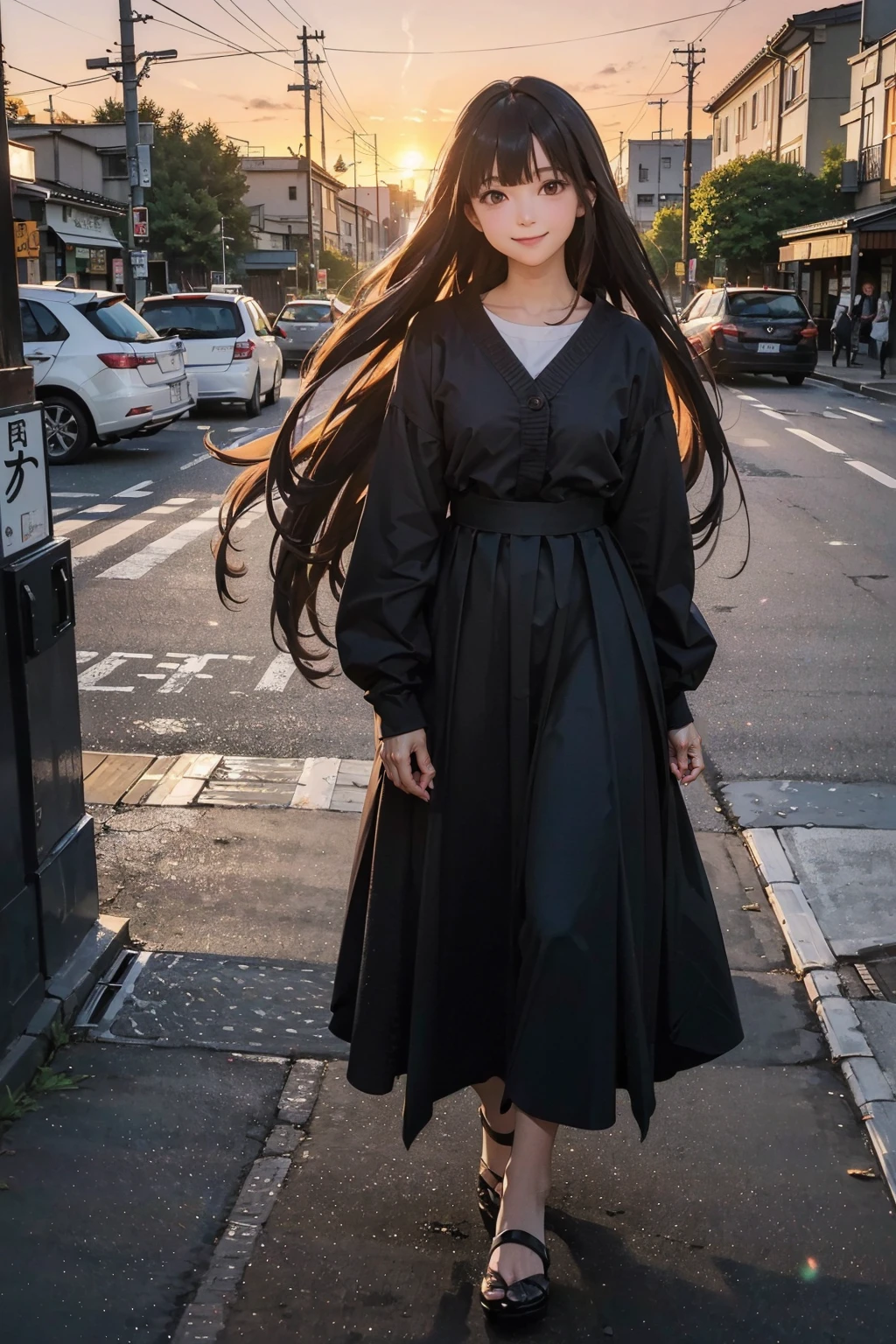 (FULL BODYSHOT、an oil painting、​masterpiece、top-quality、hight resolution、Dark hair、Super long hair、Bangs are aligned、a smile、Oversized clothing、Black skirt、Sunset sky、Thick、beautiful girl&#39;s hands、Streets of Tokyo、