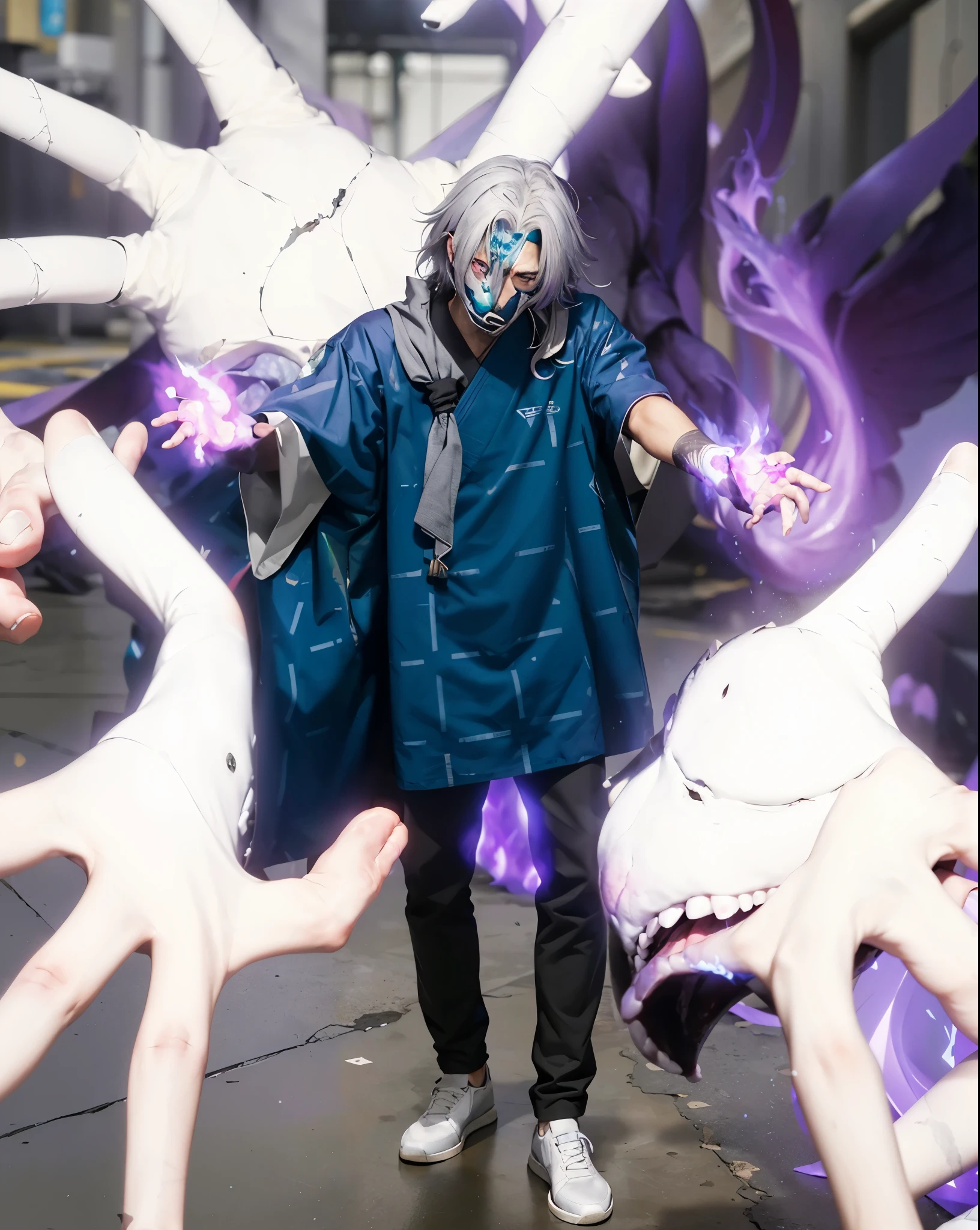 ((Mahito JUJUTSU NO KAISEN)),((realistic, photorealistic)),(highlight hair)), Light reflection, (( HD )),((upper body)), (((best quality, masterpiece))), (masterpiece) (best quality) (detail) (8k) (HDR) (wallpaper) (cinematic lighting) (sharp focuasterpiece, best quality: 1.1), 1men solo, Mahito A man with a stitched face, white hair, a background of several big hands, monster hands,Hands emit purple flames, glow hands