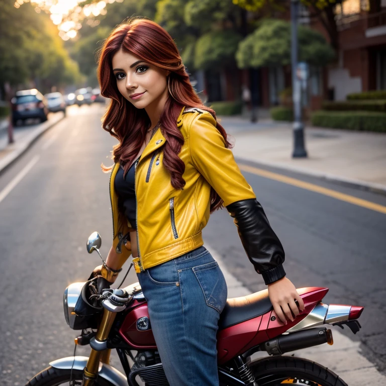 1 hermosa chica Americana, 20yr old , Sunsethuman , Sunset Shimmer from my little pony, Sunset Shimmer in the form of a girl , pechos grandes , pechos voluminosos , sexy , linda blusa azul , small black jacket with folded sleeves , pantalon de mezclilla azul ajustado , botas largas con tacon estilo motociclista sexy , tacones , cinco dedos, manos detalladas, dos tonos de pelo, cabello rojo y amarillo , ojos color turqueza , esena completa, soleado , verano, hermosa sonrisa , lindo maquillaje , labios rojos , posando y saludando para foto , fondo variado , motocicleta