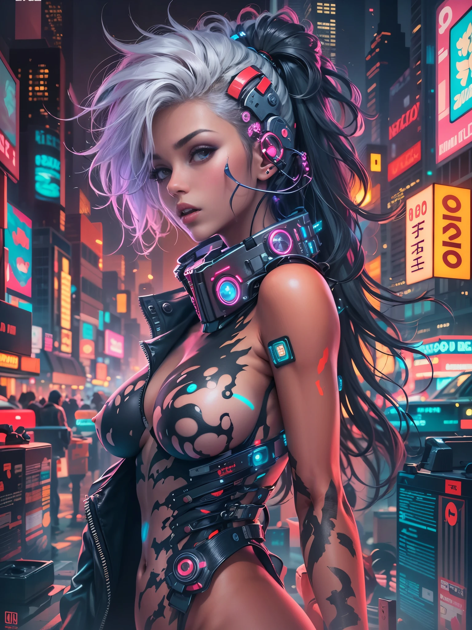 Naked, nude, pussy, masterpiece, best quality, cyberpunk girl,  bold colors and patterns, trendy and innovative hairstyle,naked, nude, dazzling Cyberpunk cityscape, skyscrapers, glowing neon signs, LED lights, anime illustration, detailed skin texture, beautiful detailed face, intricate details, ultra detailed, cinematic lighting, strong contrast,no bra, naked tits, nude, naked, pussy