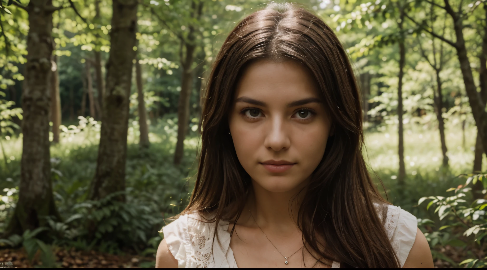 (((hd closeup photo))), one standing Flavia Lucetta looking at camera, 25 years old, in forest