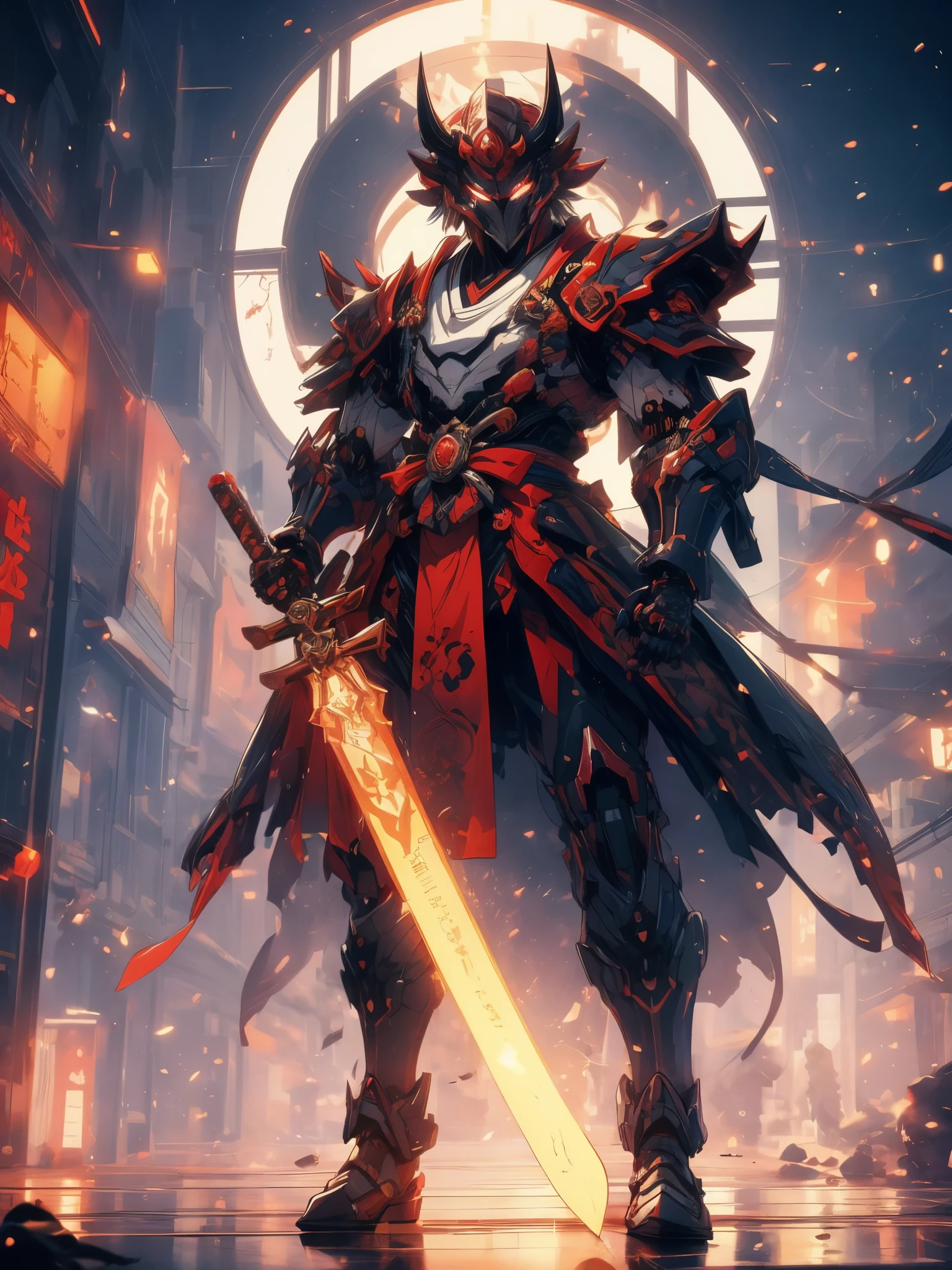 sky, cloud, holding_weapon, no_humans, glowing, robot, building, glowing_eyes, mecha, science_fiction, city, realistic,mecha, a close up of a cartoon character with a demon face, demon samurai, villain wearing a red oni mask, a demon samurai warrior, samurai with demon mask, oni horns, handsome guy in demon slayer art, neon samurai, handsome Japanese demon boy, demon samurai mask, demon slayer art style, oni mask, onmyoji portrait, onmyoji detailed art, oni, full body view, ultra-highr quality, high detailed art,