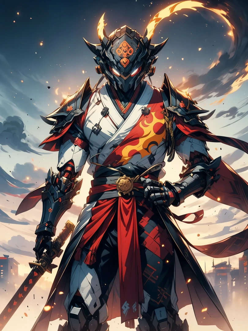 sky, cloud, holding_weapon, no_humans, glowing, robot, building, glowing_eyes, mecha, science_fiction, city, realistic,mecha, a close up of a cartoon character with a demon face, demon samurai, villain wearing a red oni mask, a demon samurai warrior, samurai with demon mask, oni horns, handsome guy in demon slayer art, neon samurai, handsome Japanese demon boy, demon samurai mask, demon slayer art style, oni mask, onmyoji portrait, onmyoji detailed art, oni, full body view, ultra-highr quality, high detailed art,