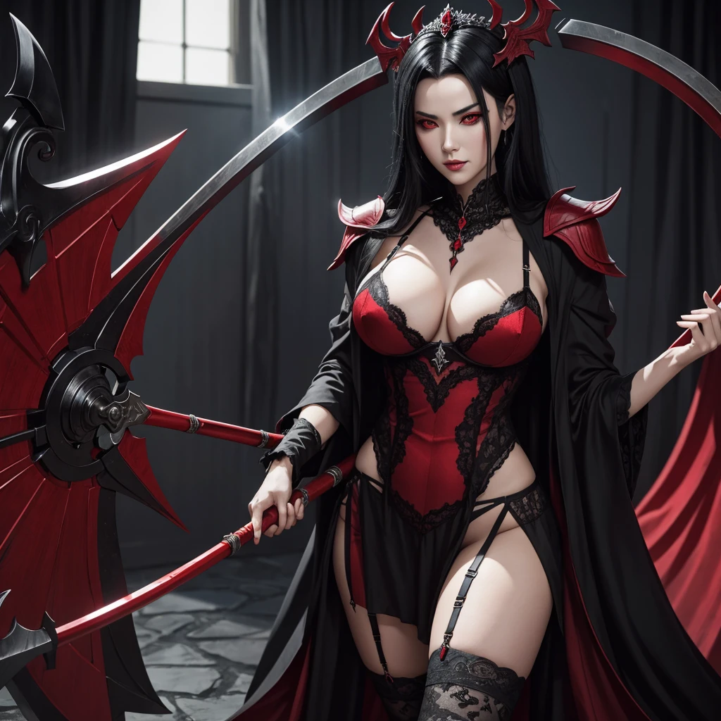 Evil empress with black hair and bright red eyes, Wears sexy lingerie. Carries a scythe in his hand