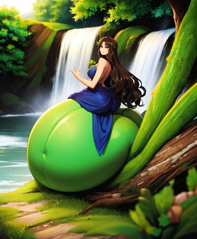 (((A young woman))), the anime, Green eyelack hair), Nice face, a smile, the perfect body, Wavy Hair, length hair, (((brunette woman))), big breastes, ((巨作, 最好质量)), illustration, ультра детализированная 8k, Photorealistic, sharp-focus, Heavily detailed, Professional lighting, colorful details,Glowing, bright details, Rainbow colors, rainbow, waterfall, mountain, River, Jungle, Snake, cobra, boa, Huge snake, hanging on a tree