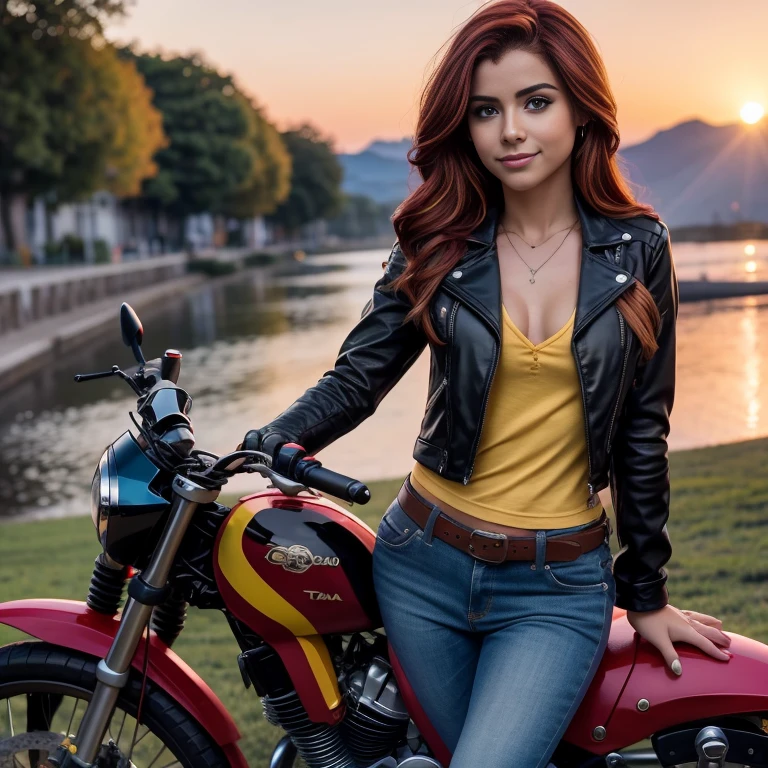 1 hermosa chica Europea , 18yr old , Sunsethuman , Sunset Shimmer from my little pony, Sunset Shimmer in the form of a girl , mlp , pechos grandes , linda blusa azul , small black jacket , pantalon de mezclilla azul ajustado , botas largas con tacon estilo motociclista , cinco dedos, manos detalladas, dos tonos de pelo, cabello rojo y amarillo , ojos color turqueza , esena completa, soleado , verano, hermosa sonrisa , lindo maquillaje , labios rojos , posando y saludando para foto , fondo variado , motocicleta