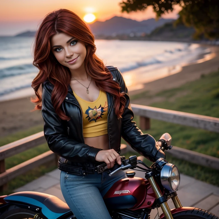 1 hermosa chica Europea , 18yr old , Sunsethuman , Sunset Shimmer from my little pony, Sunset Shimmer in the form of a girl , mlp , pechos grandes , linda blusa azul , small black jacket , pantalon de mezclilla azul ajustado , botas largas con tacon estilo motociclista , cinco dedos, manos detalladas, dos tonos de pelo, cabello rojo y amarillo , ojos color turqueza , esena completa, soleado , verano, hermosa sonrisa , lindo maquillaje , labios rojos , posando y saludando para foto , fondo variado , motocicleta