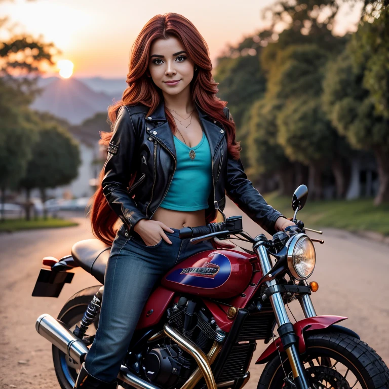 1 hermosa chica Europea , 18yr old , Sunsethuman , Sunset Shimmer from my little pony, Sunset Shimmer in the form of a girl , mlp , pechos grandes , linda blusa azul , small black jacket , pantalon de mezclilla azul ajustado , botas largas con tacon estilo motociclista , cinco dedos, manos detalladas, dos tonos de pelo, cabello rojo y amarillo , ojos color turqueza , esena completa, soleado , verano, hermosa sonrisa , lindo maquillaje , labios rojos , posando y saludando para foto , fondo variado , motocicleta