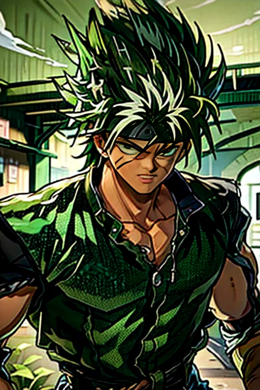 Highly detailed, (masterpiece), best quality, expressive eyes, perfect face, 1man, Long messy spiky wavy green raising hair, Cloud_Strife Green hair, green eyes, Bulky Body Builder Masculine body, Green leather Jacket & Jeans