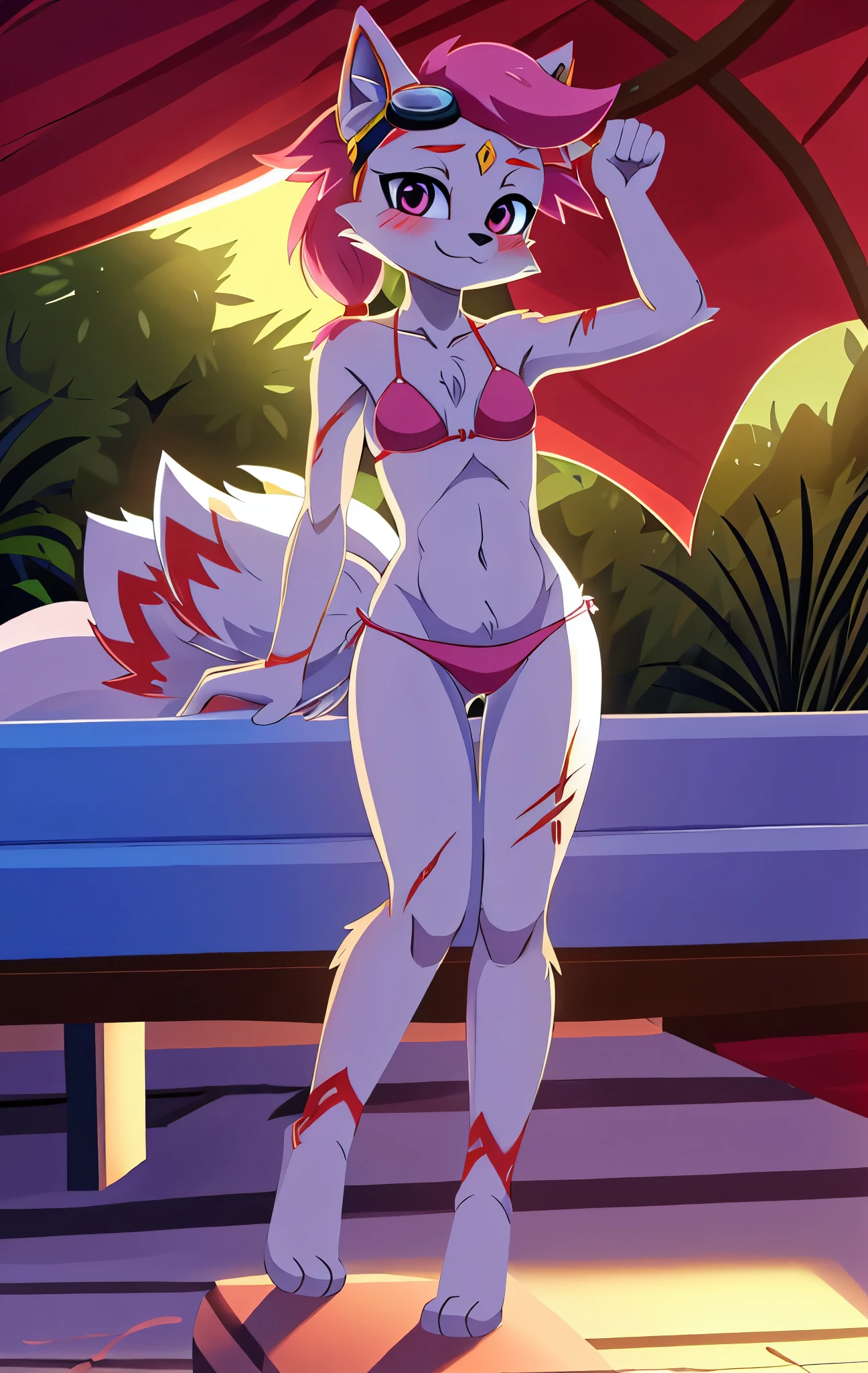 kimiko, furry female anthro, fox girl, white body fur, Pink hair, ((pink jacket, open clothes, bikini, goggles)), small breasts, detailed body fur, detailed body, detailed face, detailed eyes, glistering body, shiny body, skinny, :3, multiple tails, multi tail, solo, body fur, (best quality), detailed beach, clear sky, cinematic lighting, looking at viewer, anime style, short ponytail, scar on the eye, 2D, full body, detailed background, cute, detailed background, best quality, ultra detail, good lighting, solo, sexy, blush, :3, feets whit three toes, full body,