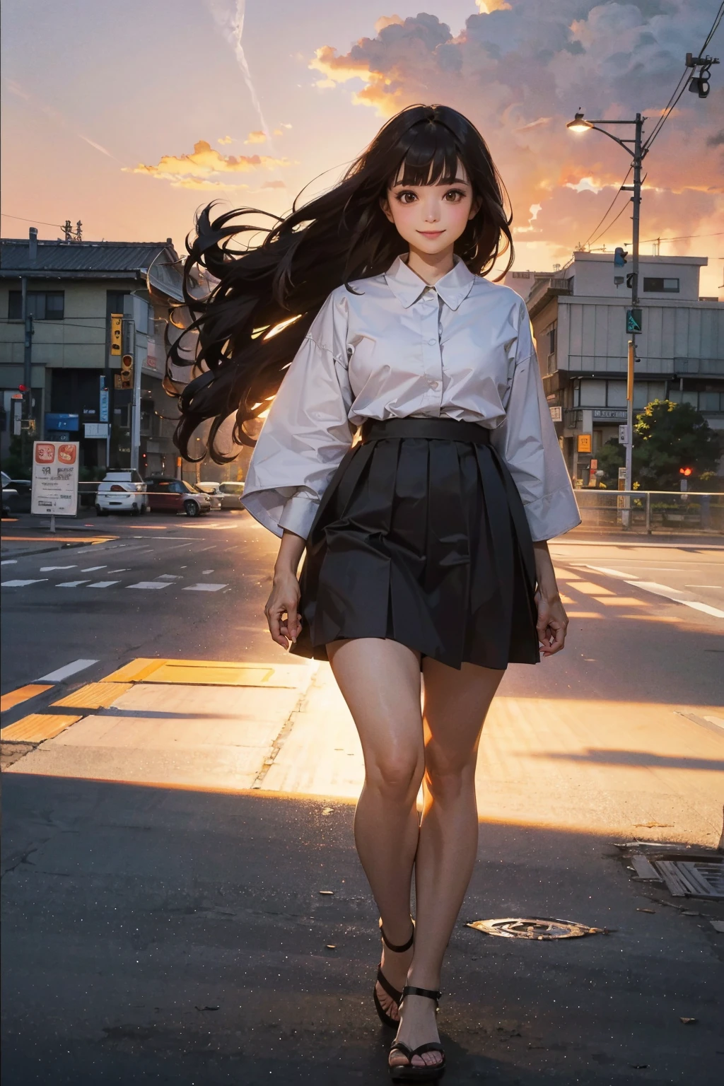 (FULL BODYSHOT、an oil painting、​masterpiece、top-quality、hight resolution、Dark hair、Super long hair、Bangs are aligned、A smile、oversize clothes、Black skirt、Sunset sky、Thick、Beautiful Girl&#39;mano、Streets of Tokyo、