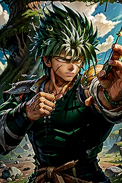 Highly detailed, (masterpiece), best quality, expressive eyes, perfect face, 1man, Long messy spiky wavy green raising hair, Cloud_Strife Green hair, green eyes, Bulky Body Builder Masculine body, Green leather Jacket & Jeans