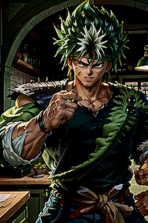 Highly detailed, (masterpiece), best quality, expressive eyes, perfect face, 1man, Long messy spiky wavy green raising hair, Cloud_Strife Green hair, green eyes, Bulky Body Builder Masculine body, Green leather Jacket & Jeans