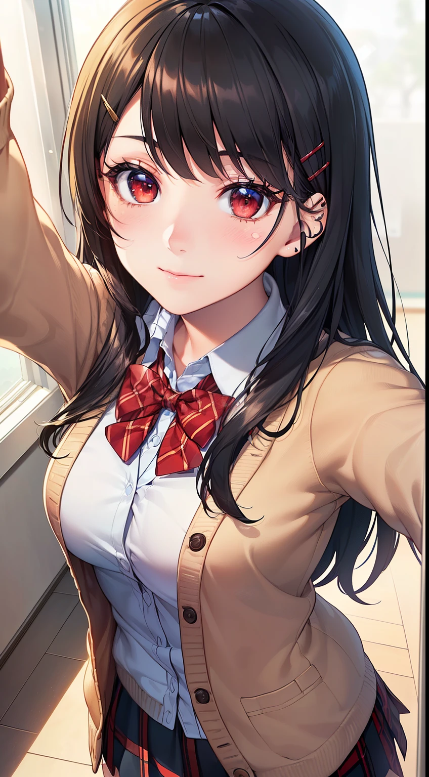 ((masterpiece, best quality, highres, UHD, perfect pixel, depth of field, 4k, RTX, HDR))), 1girl, single, solo, beautiful anime girl, beautiful artstyle, anime character, ((long hair, bangs, black hair, hair pin)), ((red eyes:1.4, rounded eyes, beautiful eyelashes, realistic eyes)), ((detailed face, blushing:1.2)), ((smooth texture:0.75, realistic texture:0.65, photorealistic:1.1, anime CG style)), medium breasts, dynamic angle, perfect body, ((POV, close up, shot on face, selfie pose)), ((red bowtie, school uniform, jacket, open jacket, cardigan, shirt, skirt, plaid skirt)), smile, classroom