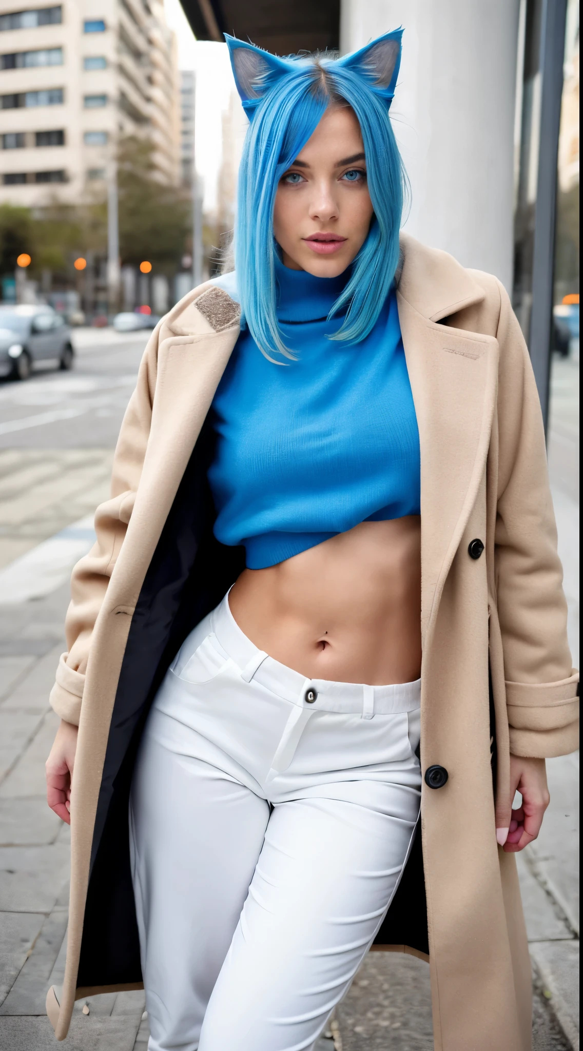 Photorealistic, Best Quality, hyper detailed ,better shadow, Photo of the whole body, with cat ears, Dressed in a long coat, long pants and boots, medium-sized bust, beautiful sexy fitness girl, 21 old years, young girl, blue eyes, symmetrical beautiful face, Blue hair, Almond eye , full lips.