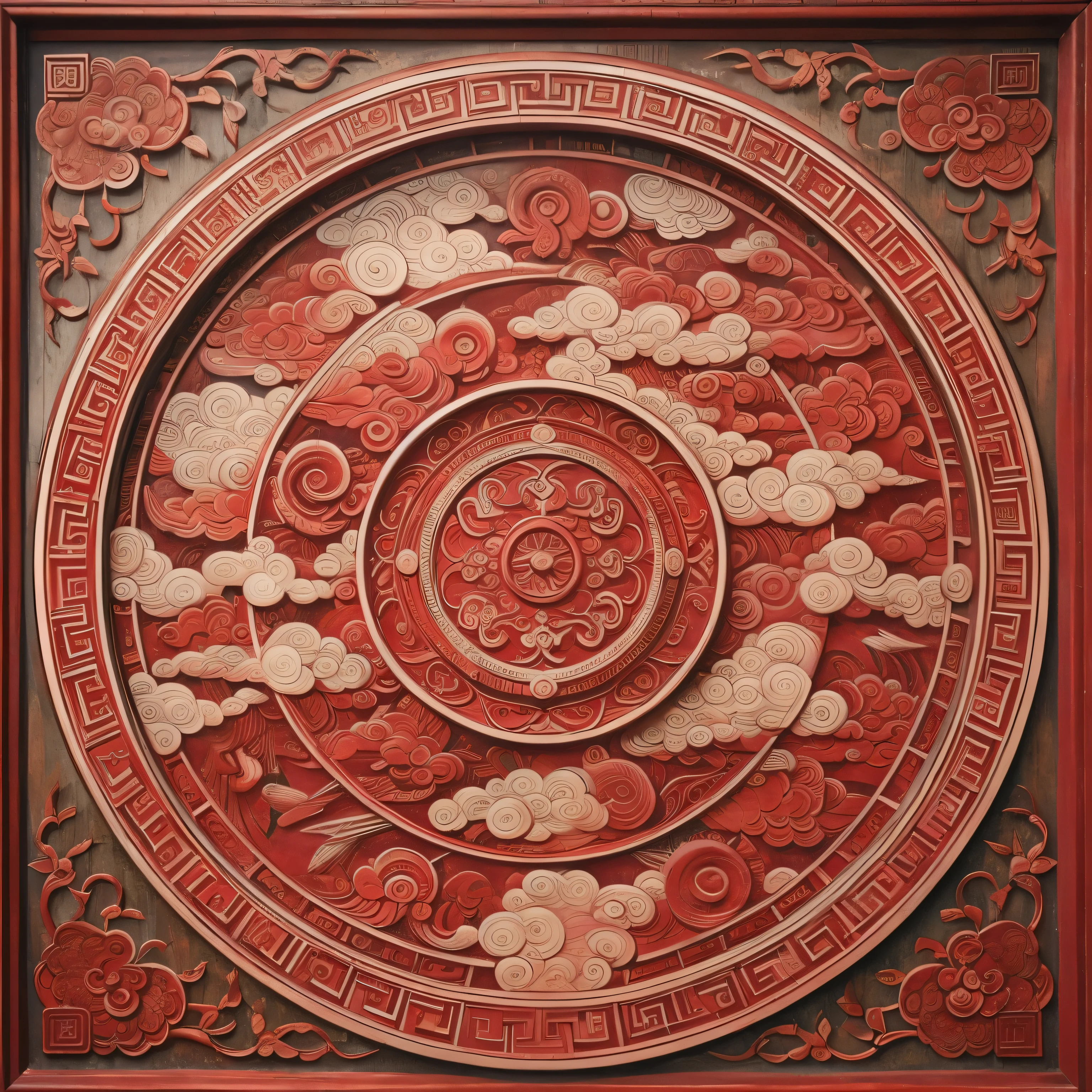 Close-up of red and white round artwork with clouds, ancient chinese ornate, gorgeous paintings, Beautiful mandala, Intricate oil painting artwork, ruan jian, Wen Boren, ancient china art style, intricate detail painting, an ultrafine painting, sergey zabelin, Inspired by Sun Kehong, lu ji, Ultra detailed paintings
