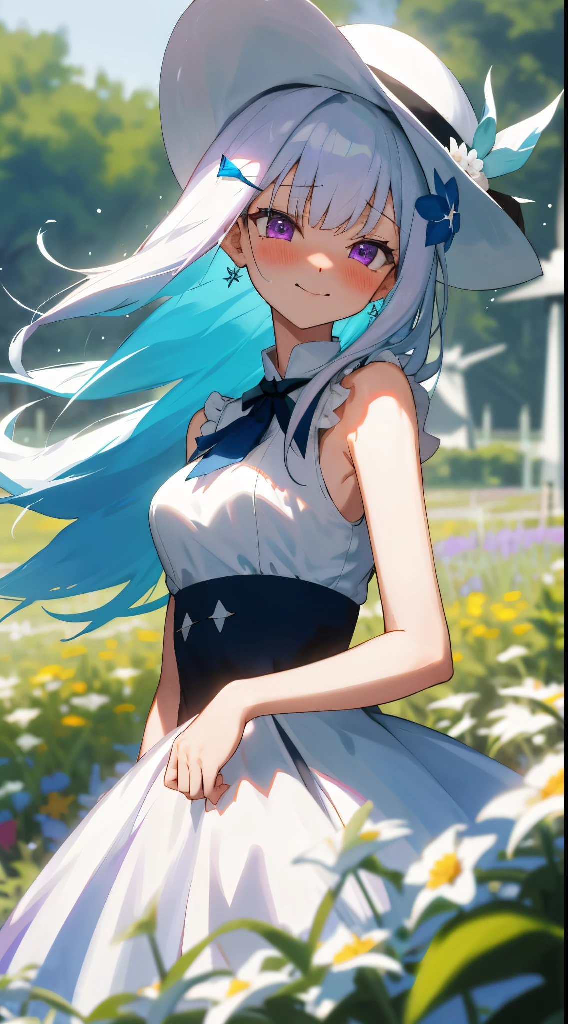 One girl with long hair, bangs, white hair, blue inner hair:1.25) , purple eyes, looking at viewer, blushing, little smile, tears, white dress, sleeveless, white hat, outdoor, flower garden, windmill, dizzy, mid-chest, day atmosphere, hair ornament, standing, medium breasts, upper body, focus, blurry background